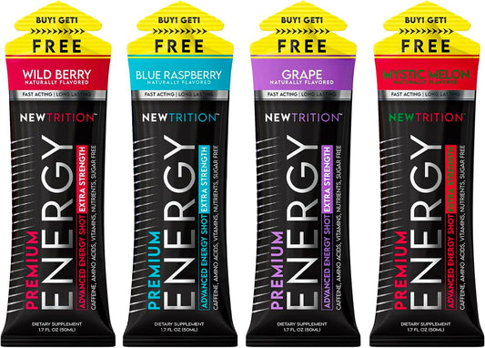 Newtrition Extra Strength Raspberry Energy Shots - 4 Count, Sugar-Free with Vitamin B & Amino Acids, 1.7 fl oz