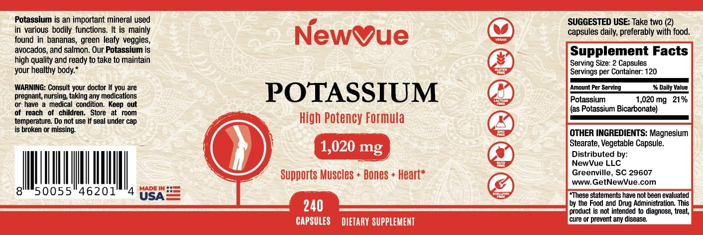 NewVue Payment Tree Potassium Supplement - 1020mg, 240 Capsules (120 Servings)