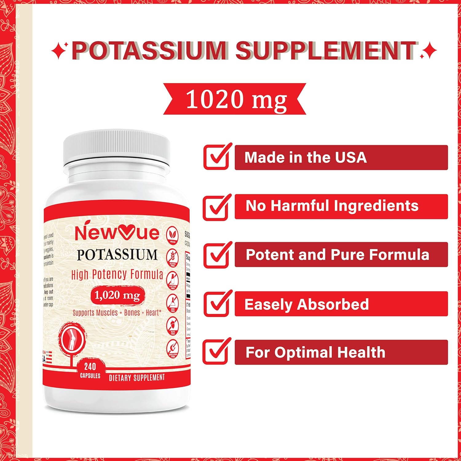 NewVue Payment Tree Potassium Supplement - 1020mg, 240 Capsules (120 Servings)
