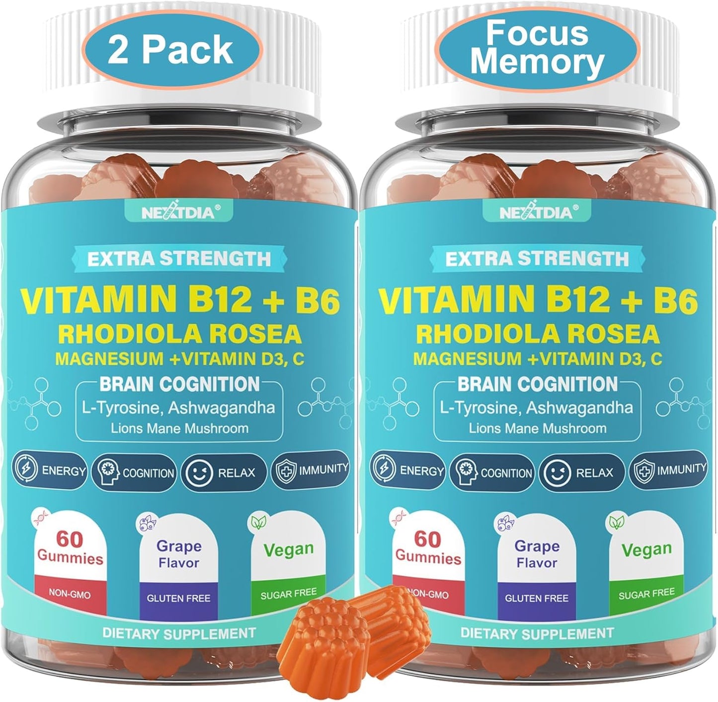 Nextdia Focus Memory & Energy Gummies with L-Tyrosine, Methyl B12, Lion's Mane, and Herbs - Multivitamin for Brain Support & Cognition, Ideal for Students and Office Workers - Sugar Free
