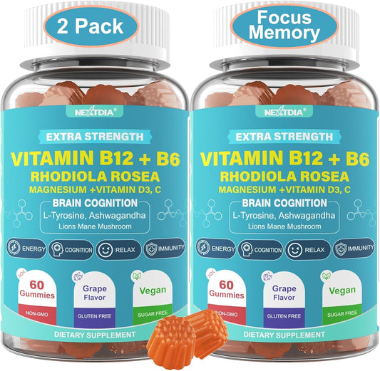 Nextdia Focus Memory & Energy Gummies with L-Tyrosine, Methyl B12, Lion's Mane, and Herbs - Multivitamin for Brain Support & Cognition, Ideal for Students and Office Workers - Sugar Free