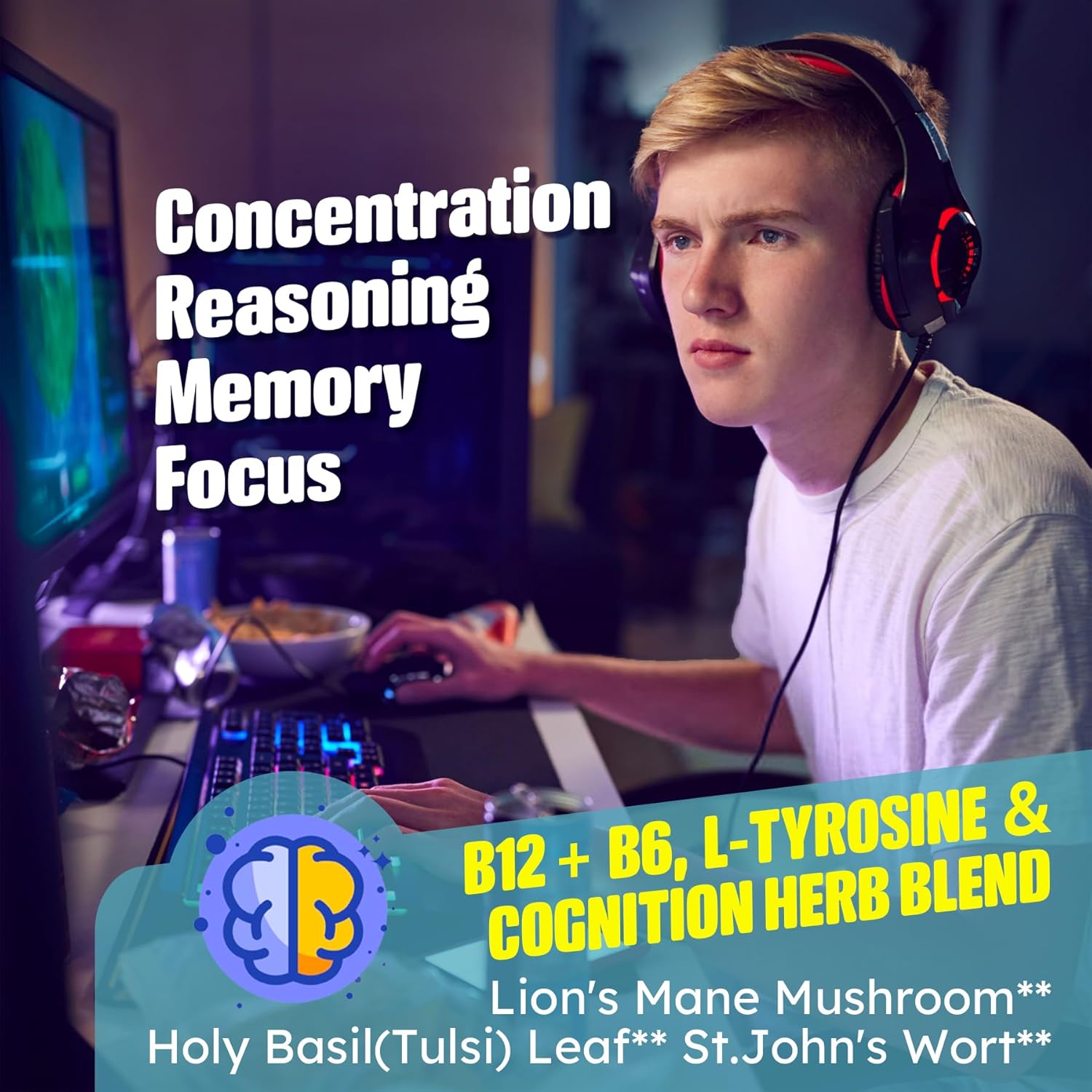 Nextdia Focus Memory & Energy Gummies with L-Tyrosine, Methyl B12, Lion's Mane, and Herbs - Multivitamin for Brain Support & Cognition, Ideal for Students and Office Workers - Sugar Free