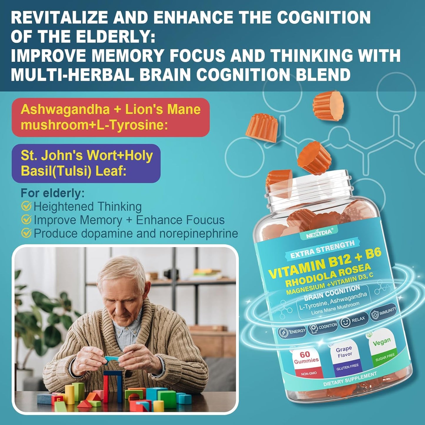Nextdia Focus Memory & Energy Gummies with L-Tyrosine, Methyl B12, Lion's Mane, and Herbs - Multivitamin for Brain Support & Cognition, Ideal for Students and Office Workers - Sugar Free