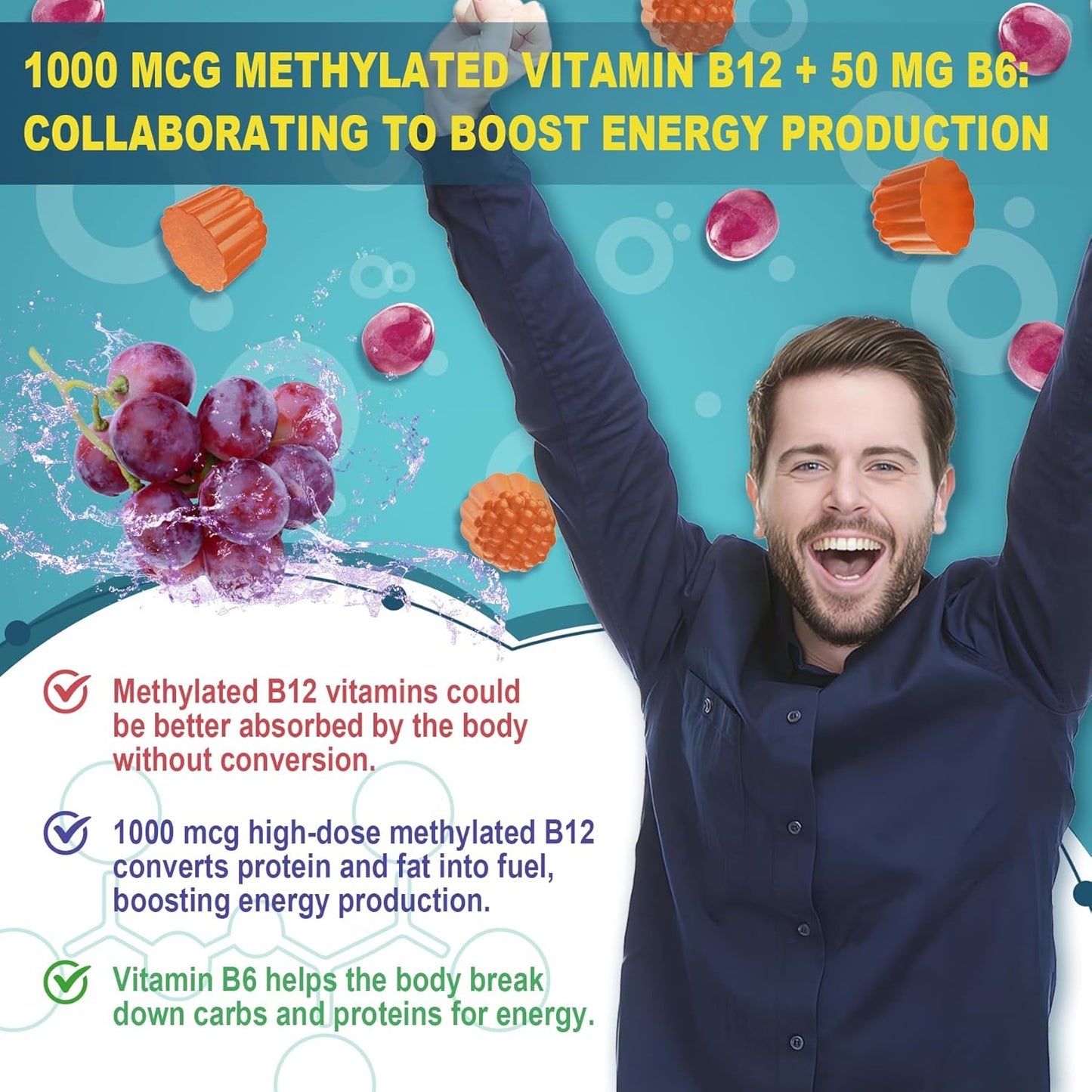 Nextdia Focus Memory & Energy Gummies with L-Tyrosine, Methyl B12, Lion's Mane, and Herbs - Multivitamin for Brain Support & Cognition, Ideal for Students and Office Workers - Sugar Free