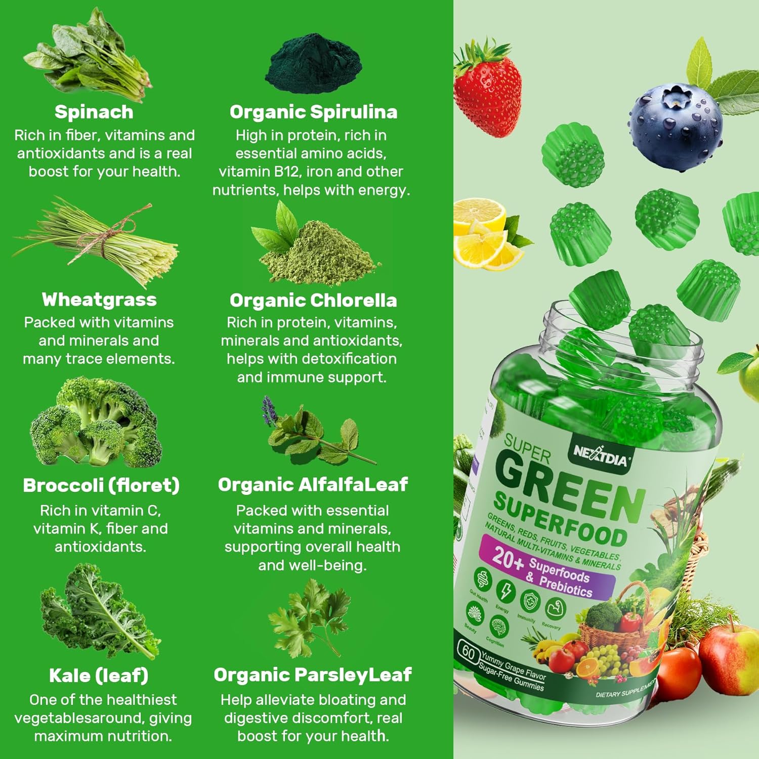 Nextdia Super Greens Gummies - Superfood Powder Alternative with Spirulina, Chlorella, Prebiotic Fiber, Probiotic - Daily Greens Vegetable for Digestive Health, Immunity, Focus - 60 Count