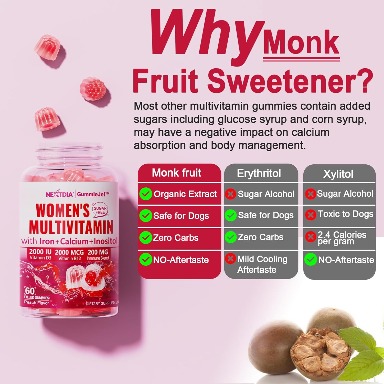 Nextdia Women's Sugar-Free Multivitamin Gummies with Algae Calcium, Vitamins A, C, D3, E, K, B12, Iron, Folate, Biotin, Inositol - Vegan Hair, Skin, Energy, Immune, Bone Support