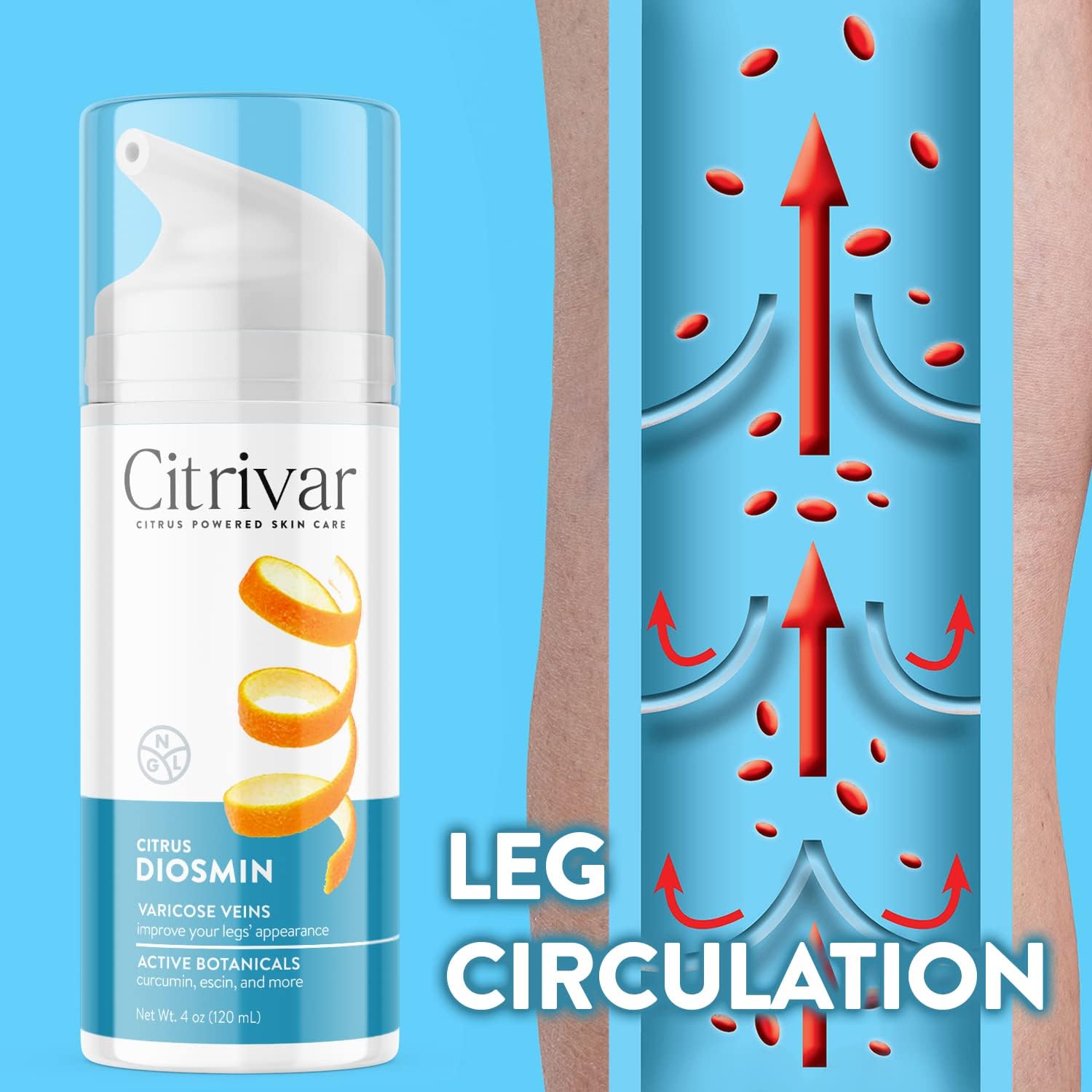 NGL Citrivar Leg Cream - Mint Tonifier with Diosmin, Butcher's Broom, Aescin, Rutin, Curcumin - 120 mL