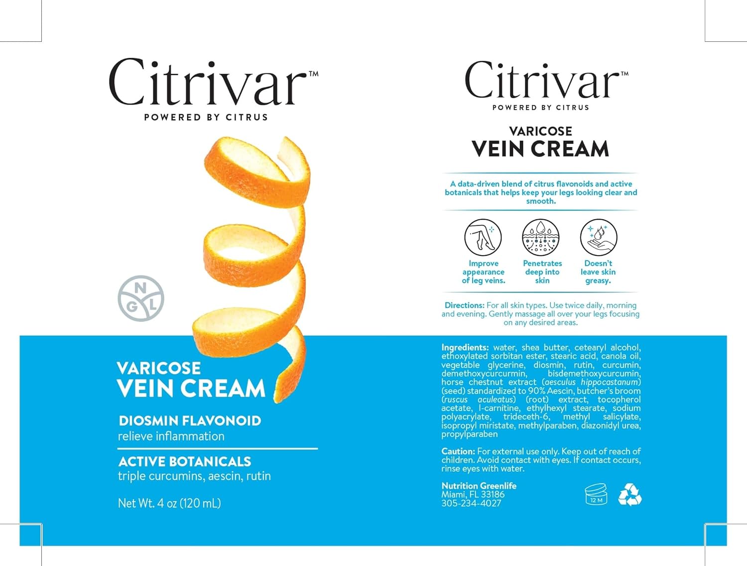 NGL Citrivar Leg Cream - Mint Tonifier with Diosmin, Butcher's Broom, Aescin, Rutin, Curcumin - 120 mL
