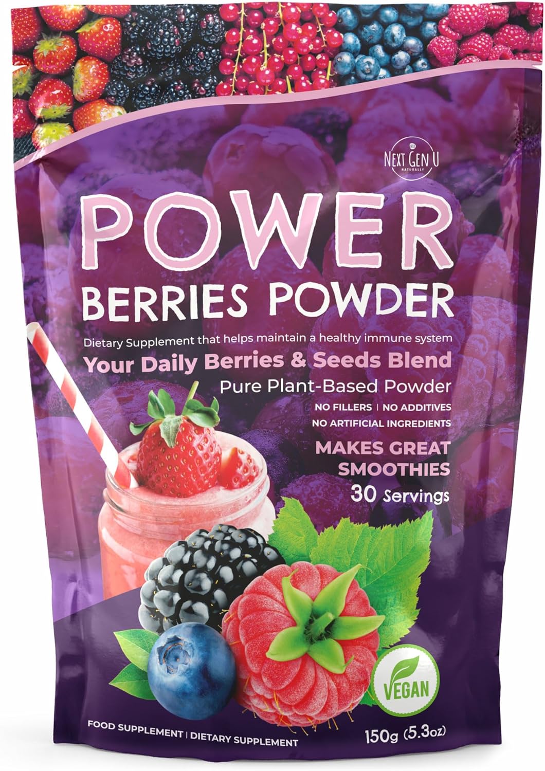 NGU Super Berry Powder 150g - Immune Support Supplement with Superfood Berries for Smoothies and Detox Juices