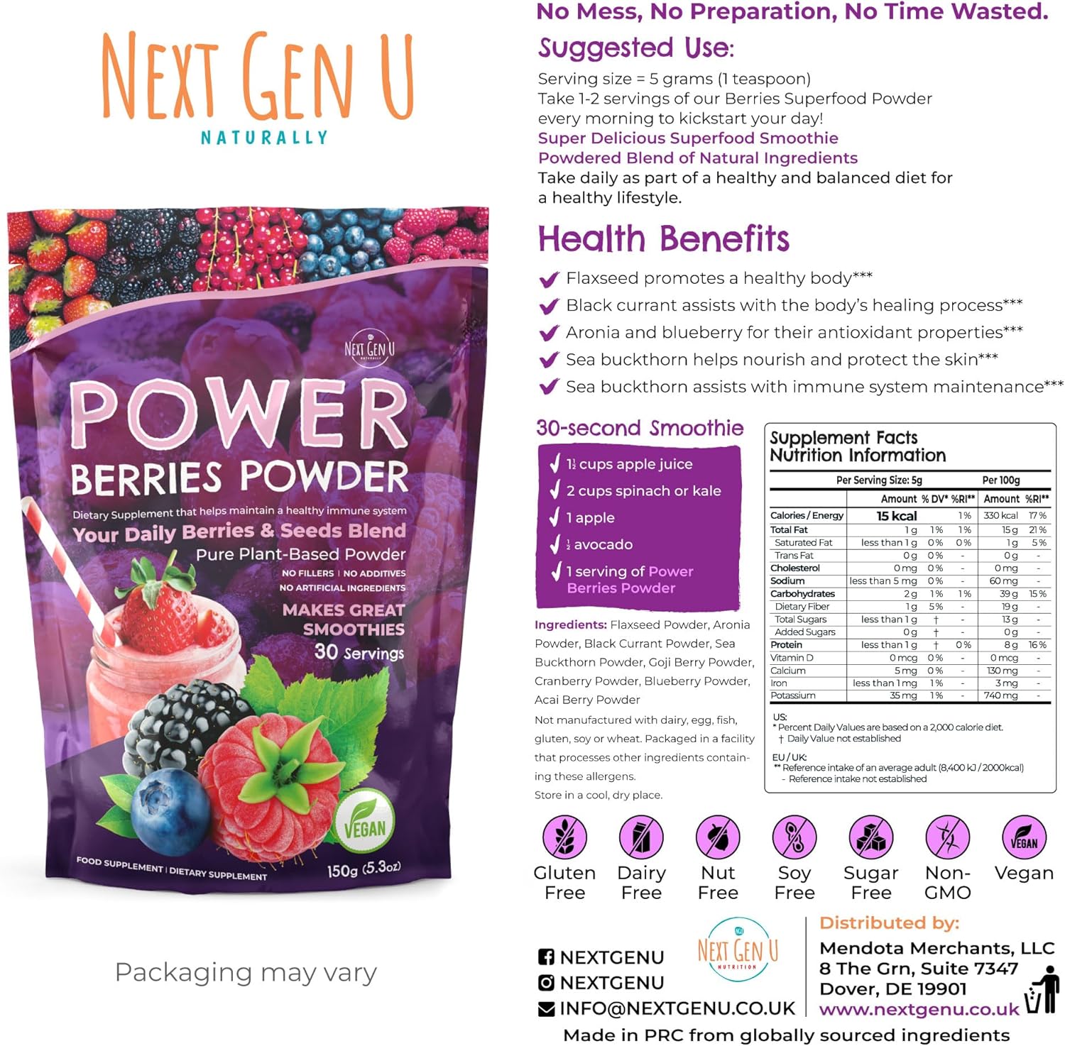 NGU Super Berry Powder 150g - Immune Support Supplement with Superfood Berries for Smoothies and Detox Juices