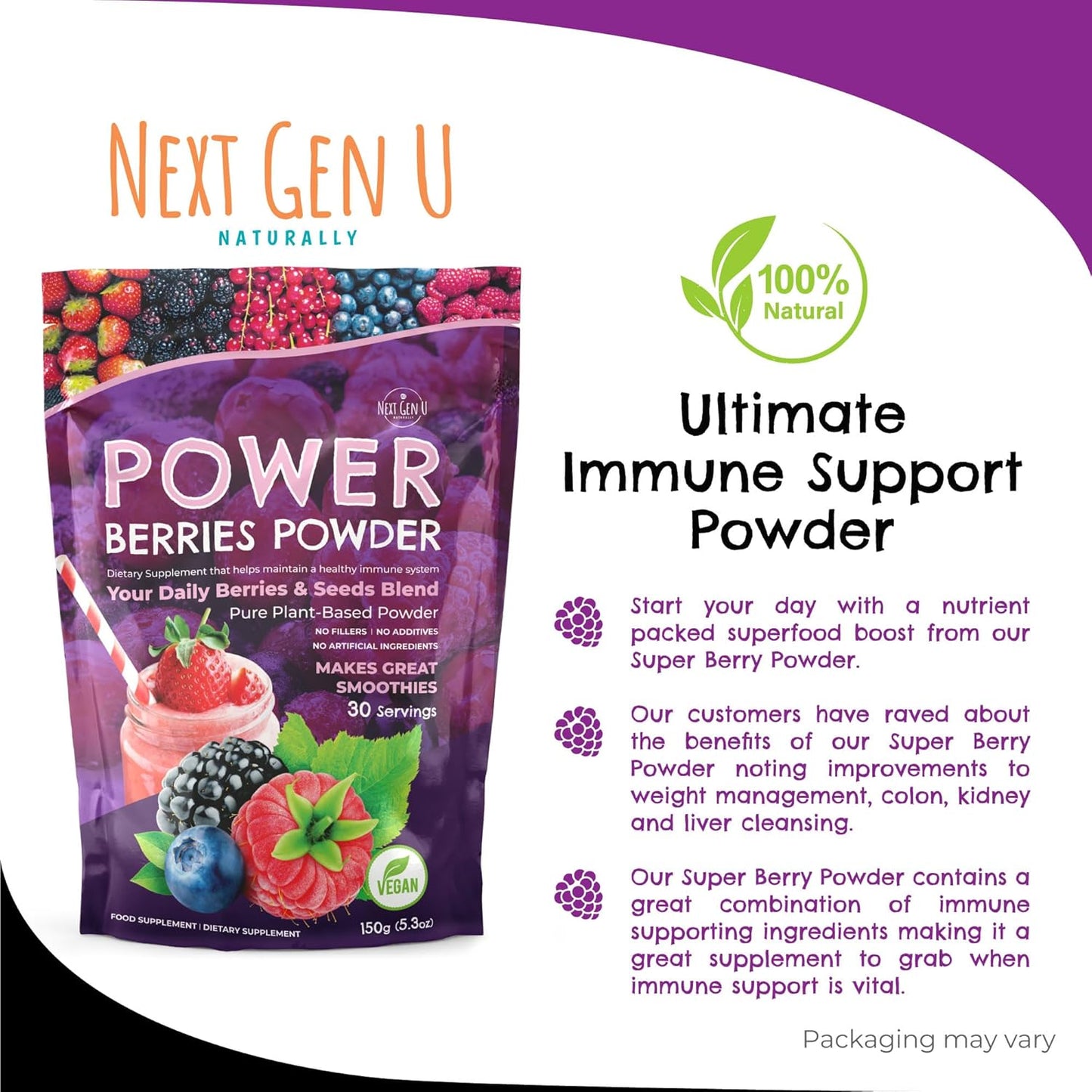 NGU Super Berry Powder 150g - Immune Support Supplement with Superfood Berries for Smoothies and Detox Juices