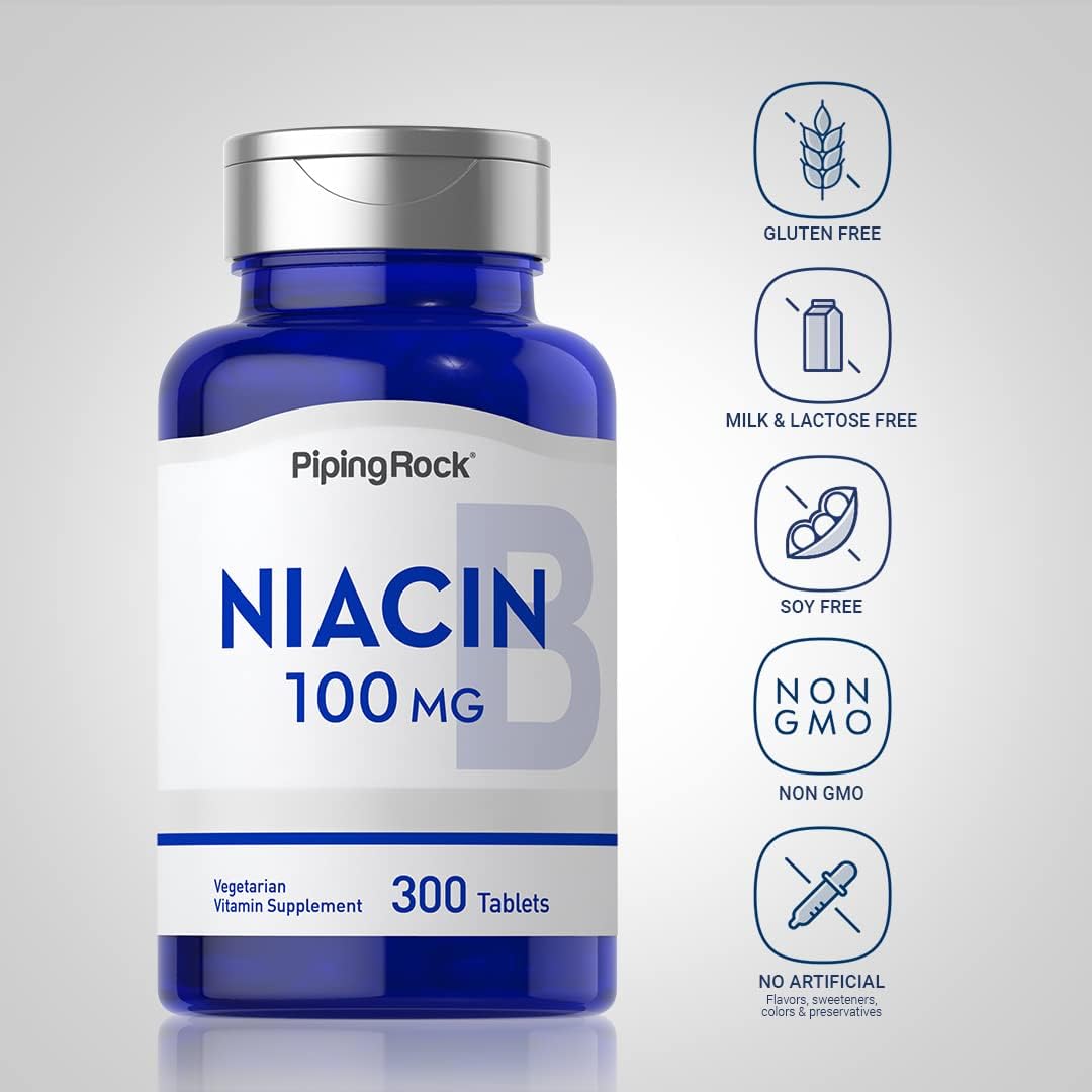 Niacin 100mg Tablets - 300 Count with Flushing | Vegetarian, Non-GMO, Gluten Free