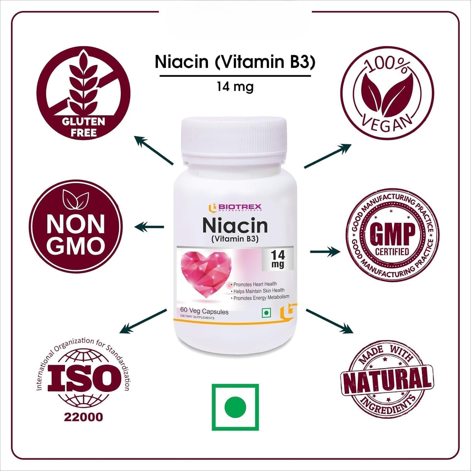 Niacin 14mg Vitamin B3 with Inositol 50mg Supplement - 60 Veg Capsules by AKSHAR LLC