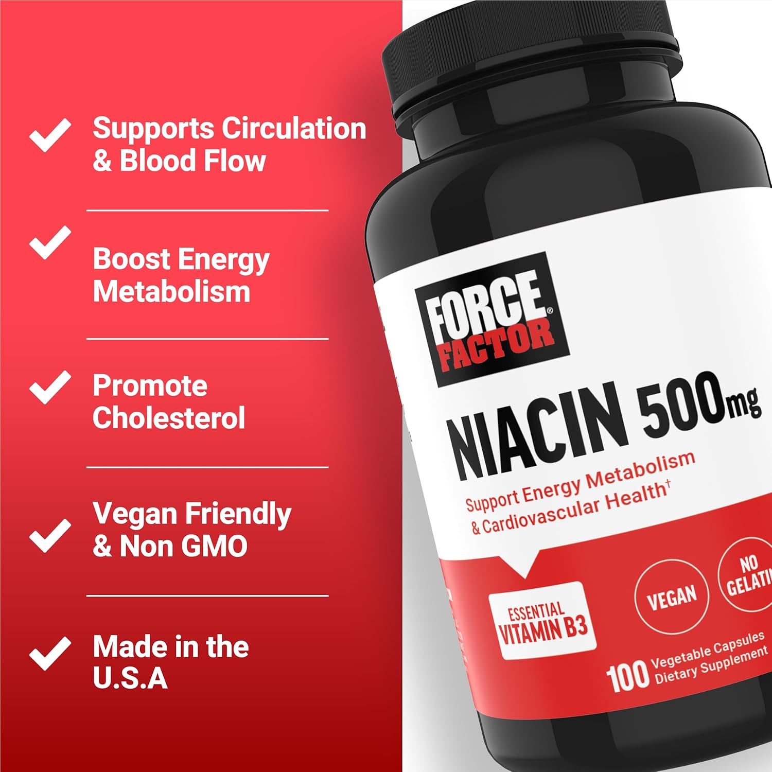 Niacin 500mg Heart-Health Supplement for Cellular Energy & Cardiovascular Health, Vegan, Non-GMO - 100 Vegetable Capsules