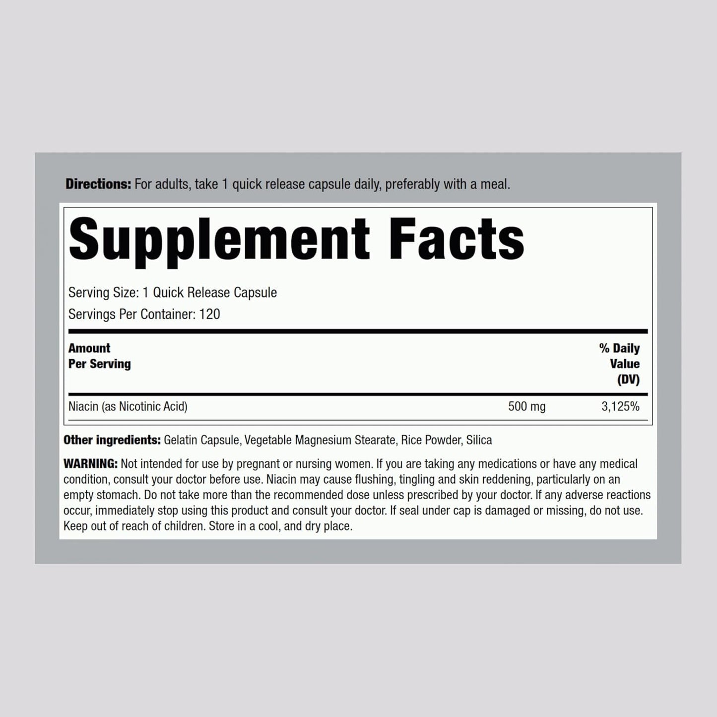 Niacin Flush 500mg Capsules - 120 Count | Non-GMO & Gluten Free Supplement by Piping Rock