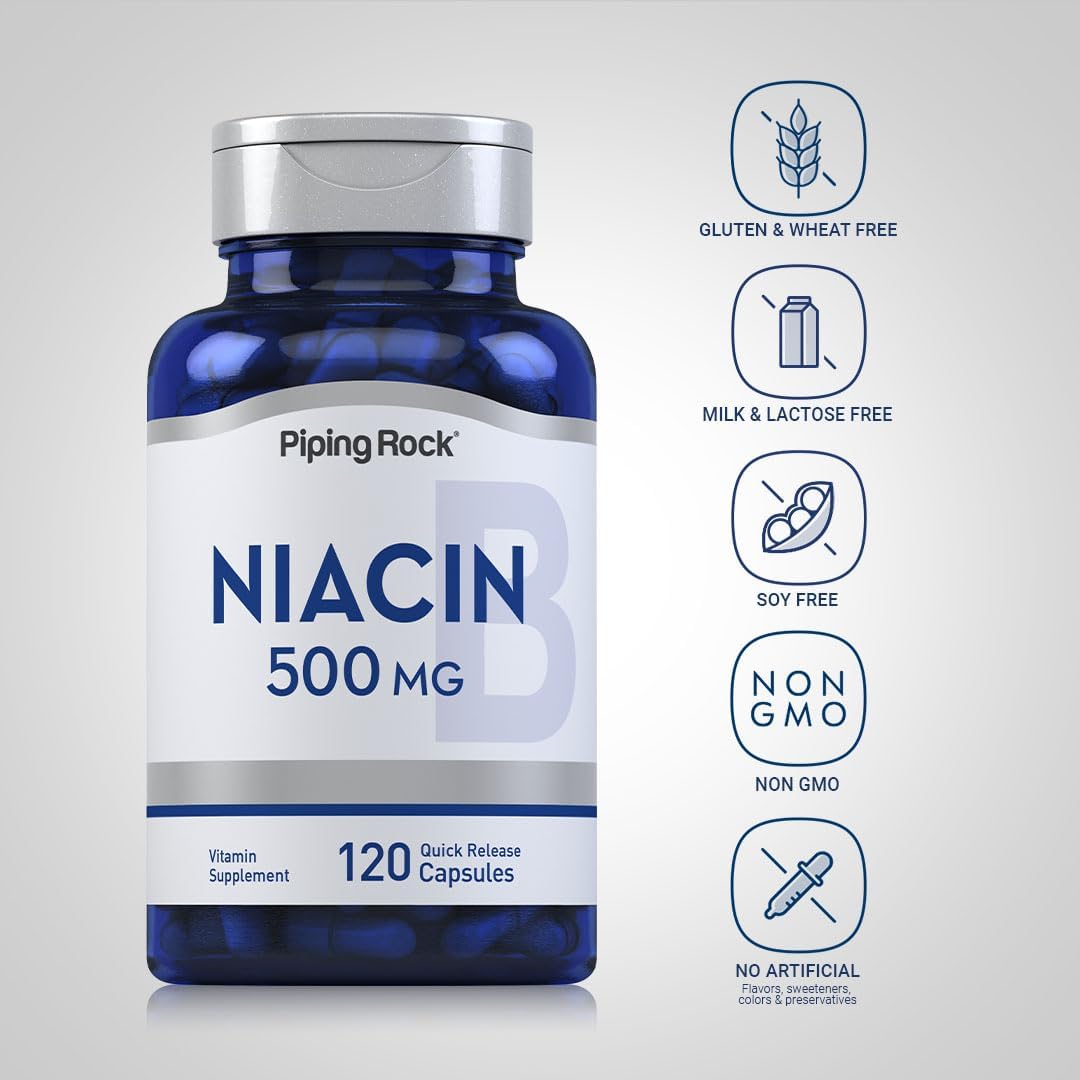 Niacin Flush 500mg Capsules - 120 Count | Non-GMO & Gluten Free Supplement by Piping Rock