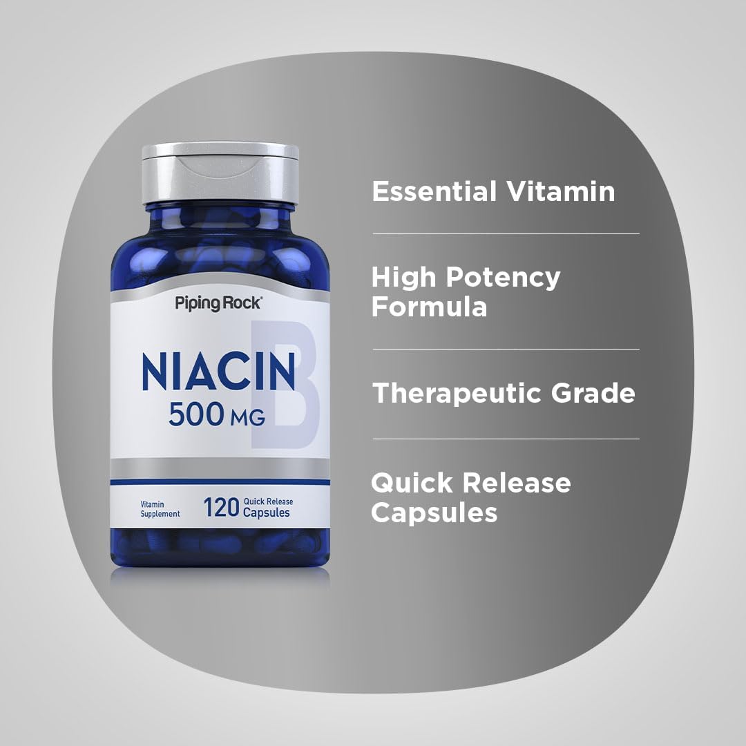 Niacin Flush 500mg Capsules - 120 Count | Non-GMO & Gluten Free Supplement by Piping Rock
