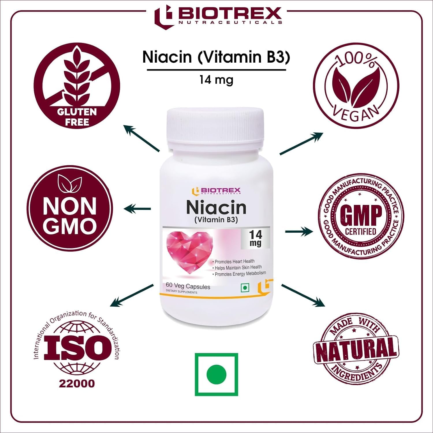 Niacin Vitamin B3 Supplement with Inositol - 60 Veg Capsules, 14mg