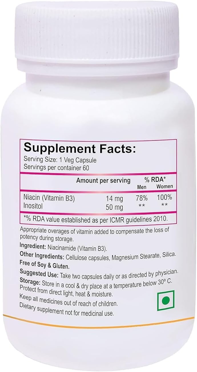 Niacin Vitamin B3 with Inositol 50mg - 60 Veg Capsules for Daily Supplement Intake