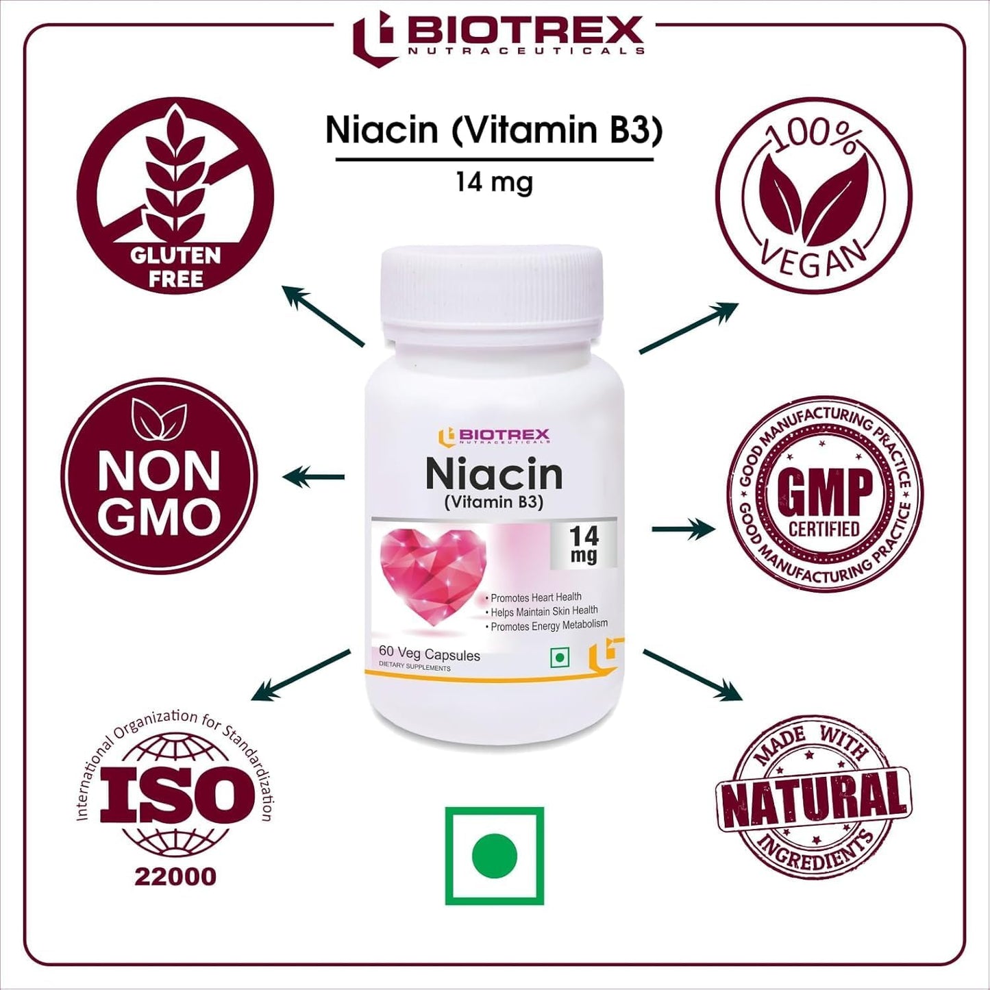 Niacin Vitamin B3 with Inositol Supplement - 60 Veg Capsules, 14mg