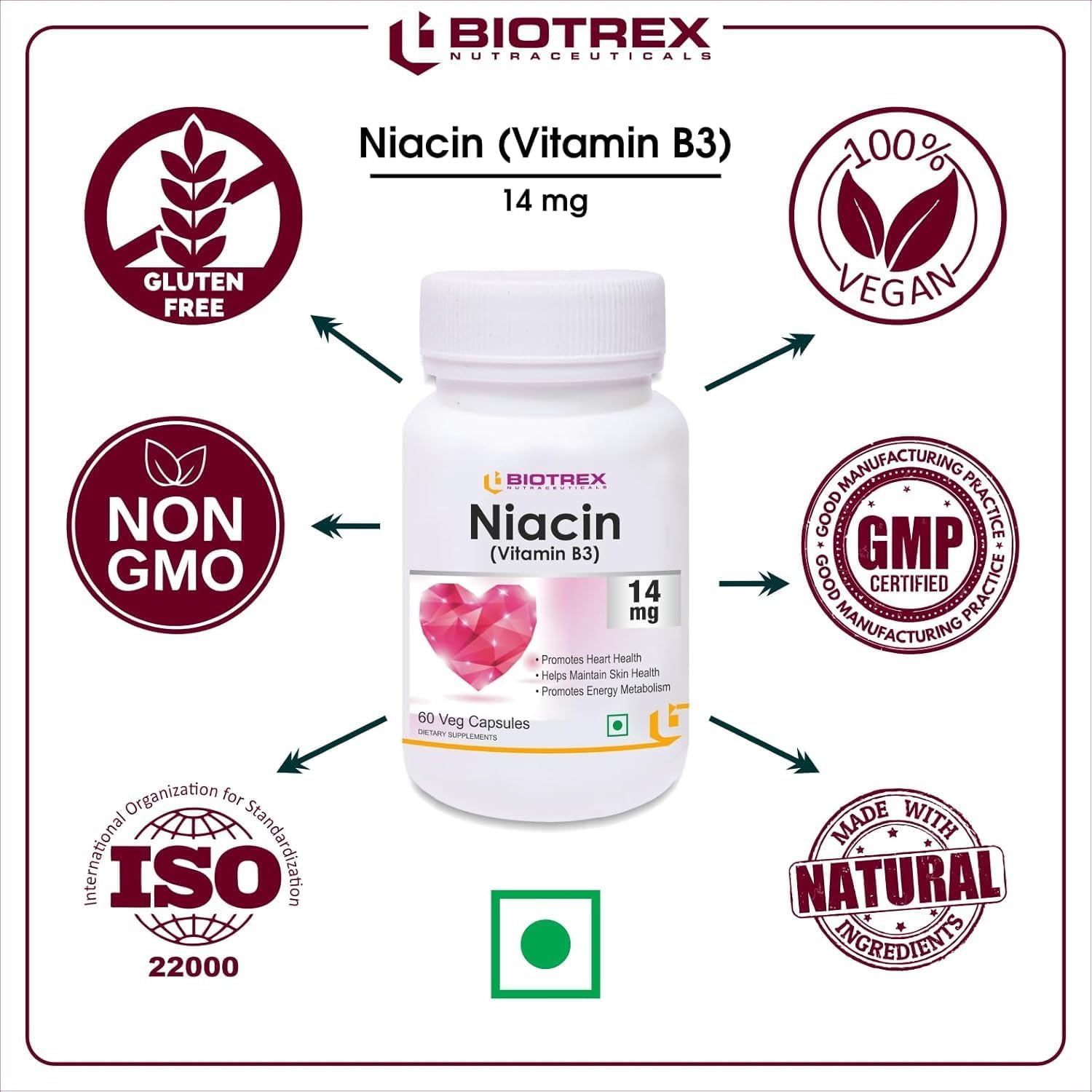 Niacin Vitamin B3 with Inositol Supplement - 60 Veg Capsules, 14mg