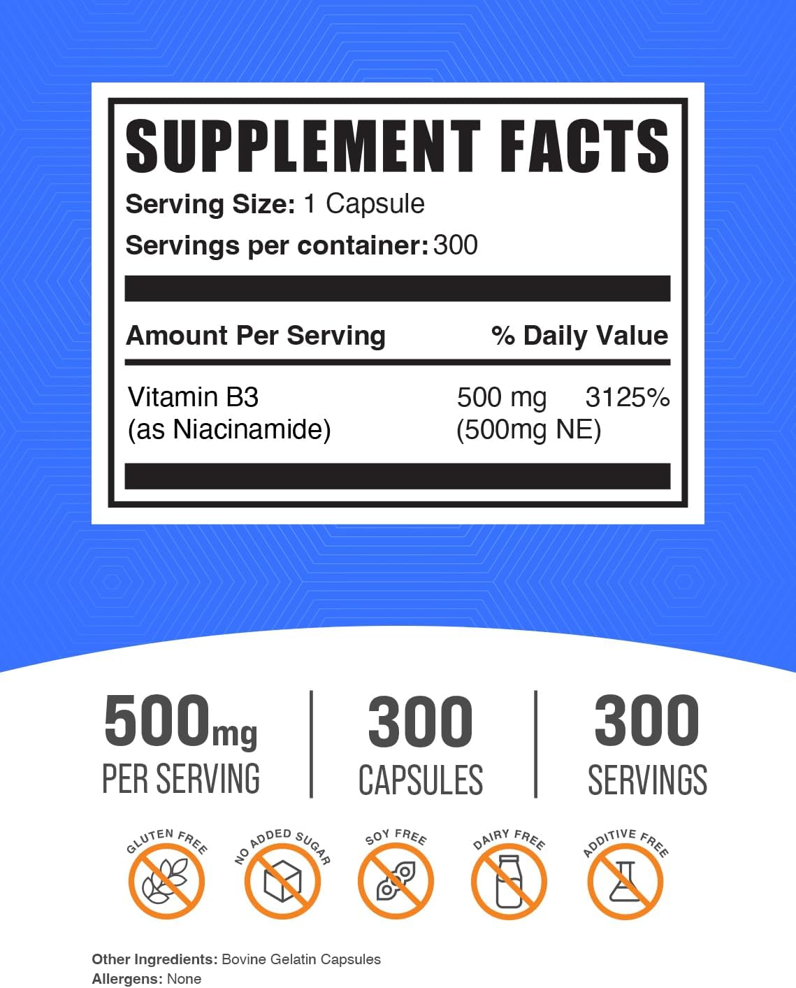Niacinamide 500mg Capsules - Vitamin B3 Supplement - Gluten Free - 300 Capsules - BulkSupplements
