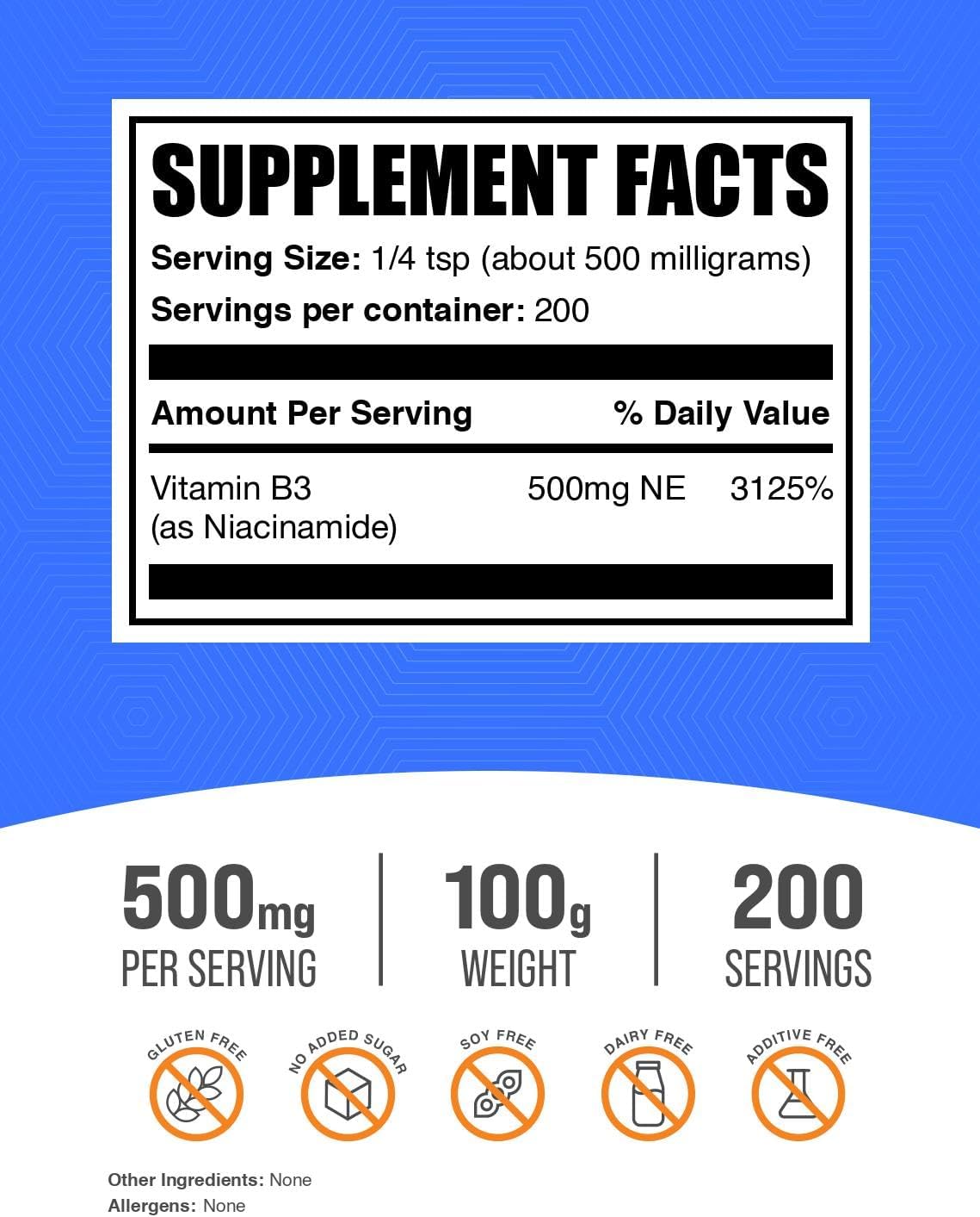 Niacinamide Powder 500mg - B3 Vitamin Supplement for Skin, Gluten Free - 100g (3.5 oz) - BulkSupplements