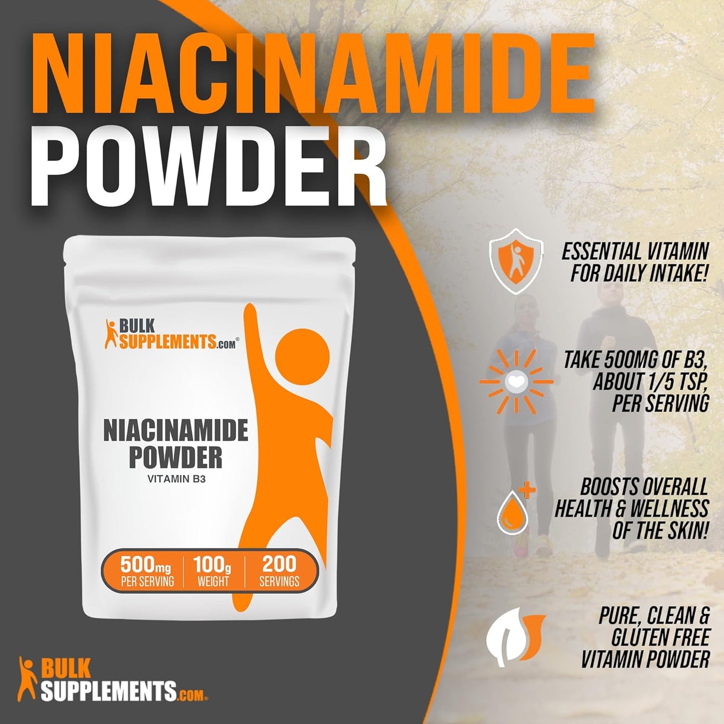 Niacinamide Powder 500mg - B3 Vitamin Supplement for Skin, Gluten Free - 100g (3.5 oz) - BulkSupplements