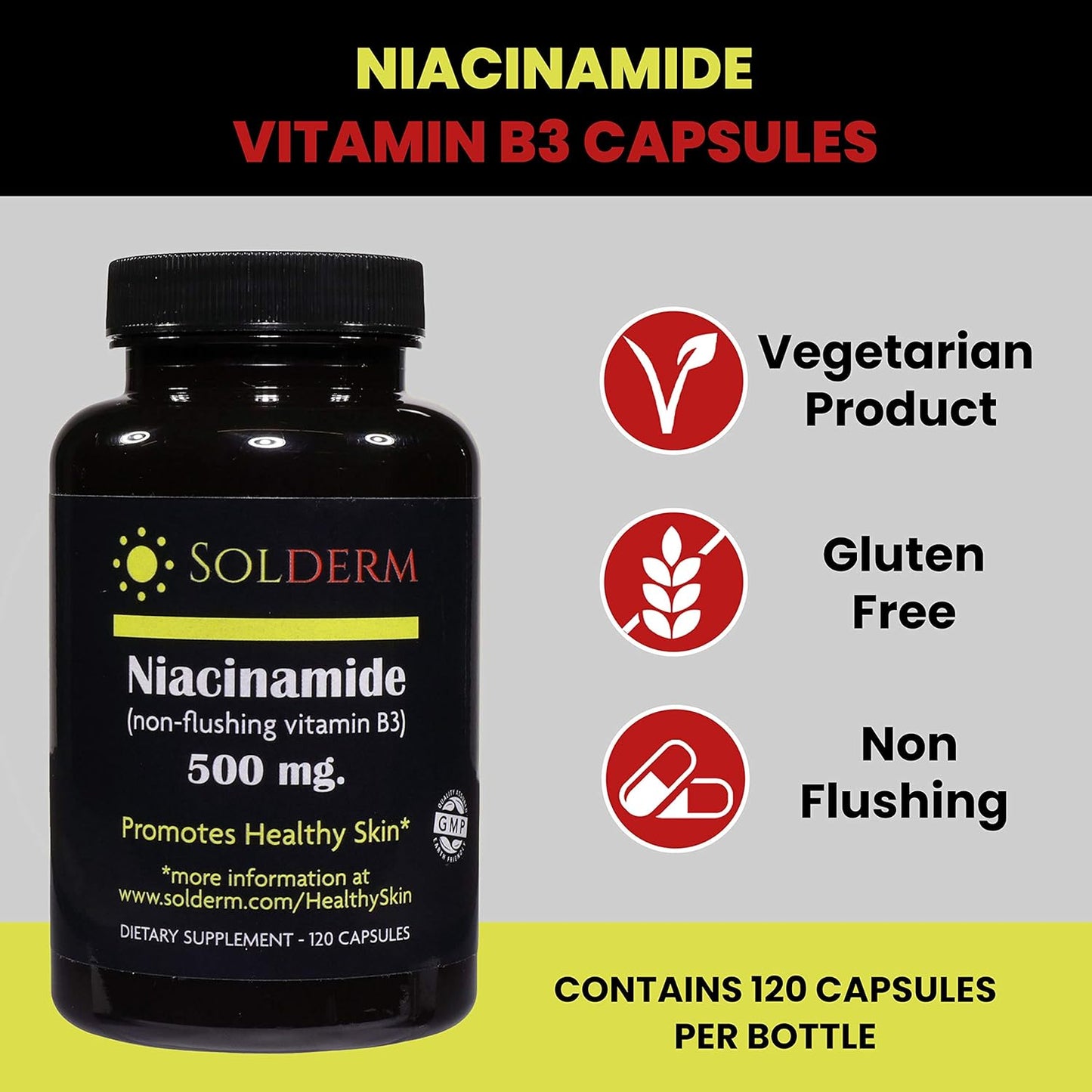 Niacinamide Vitamin B3 Supplement 500mg | Non-Flushing Capsules | Vegetarian & Gluten-Free | Skin Health Support | 120 Tablets