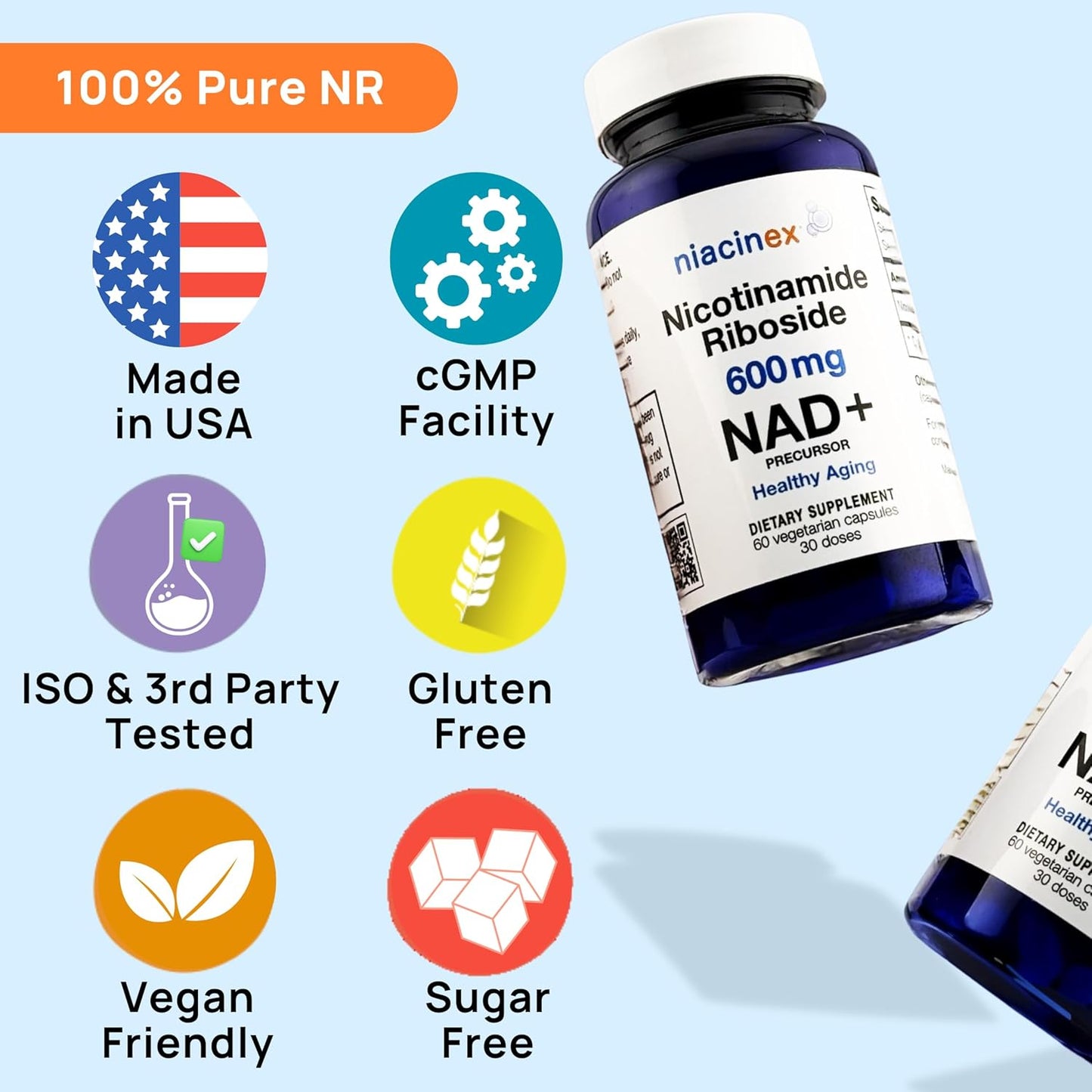 Niacinex Nicotinamide Riboside 600mg Supplement - 60 Vegetarian Capsules for Healthy Aging, Energy, Cellular Health - NAD+ Precursor