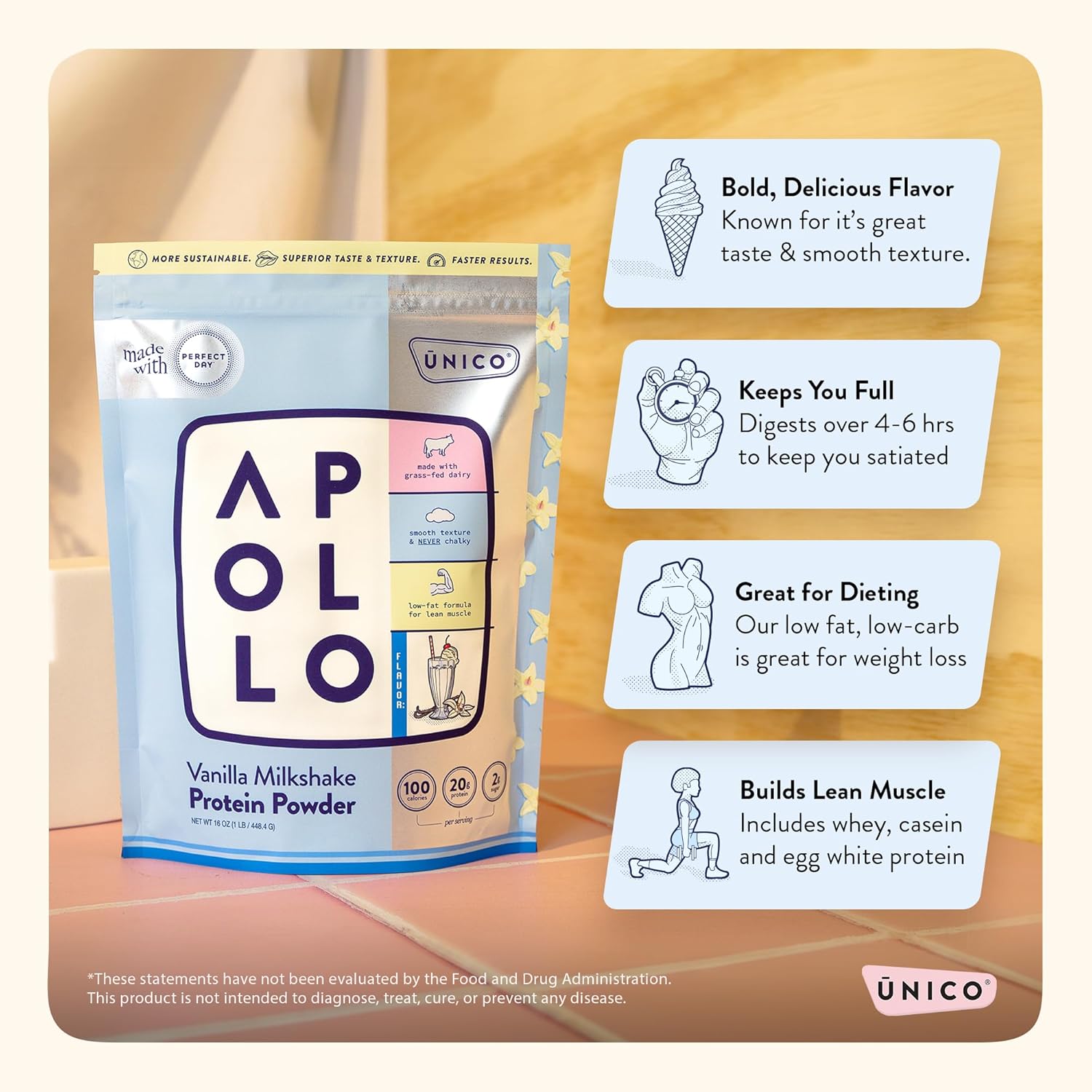 ŪNICO Apollo Molten Chocolate Protein Powder - 20g Grass-Fed Protein Blend | Non-Bloating & Low-Carb | 16 Servings | Smooth Texture | Best-Tasting Flavor