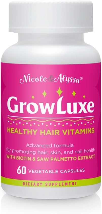 Nicole & Alyssa Growluxe Hair, Skin, and Nail Vitamin Supplement - 60 Vegetarian Capsules - Gluten-Free, Non-GMO - Made in USA - Promotes Healthy Hair, Skin, and Nails for Men & Women