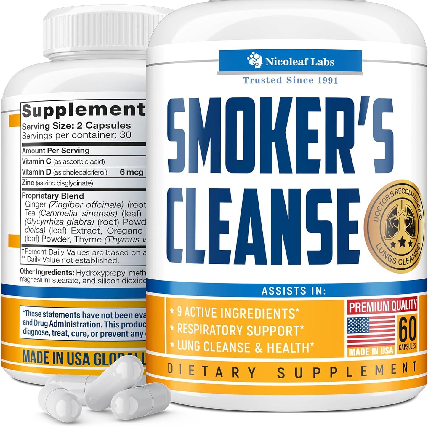 NICOLEAF LABS Smoker's Cleanse - USA-Made Quit Smoking Aid & Lung Detox Supplement - All-Natural Respiratory Support for Smokers - Vegan-Friendly, 60 Capsules