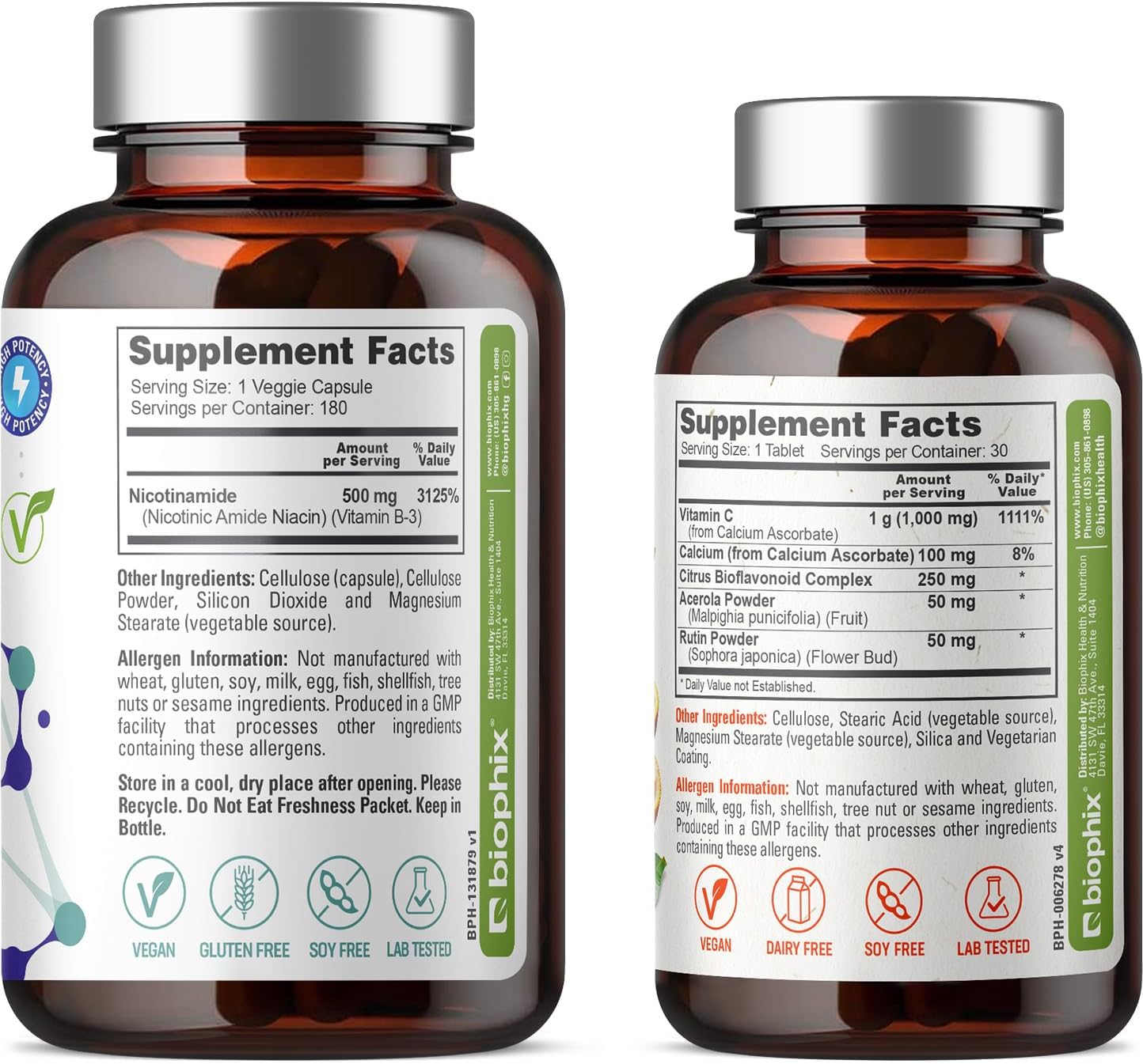 Nicotinamide B-3 500mg Capsules with Free Vitamin C-1000 - Natural Flush-Free Niacin Formula for Skin Cell Health - 180 Vcaps + 30 Tablets