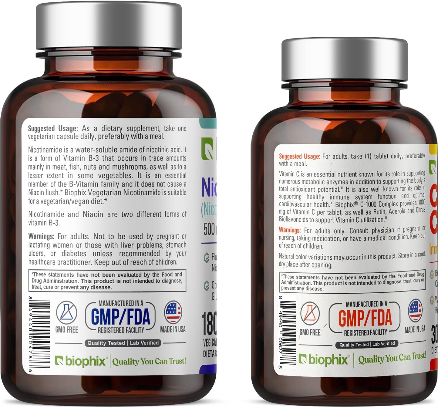 Nicotinamide B-3 500mg Capsules with Free Vitamin C-1000 - Natural Flush-Free Niacin Formula for Skin Cell Health - 180 Vcaps + 30 Tablets