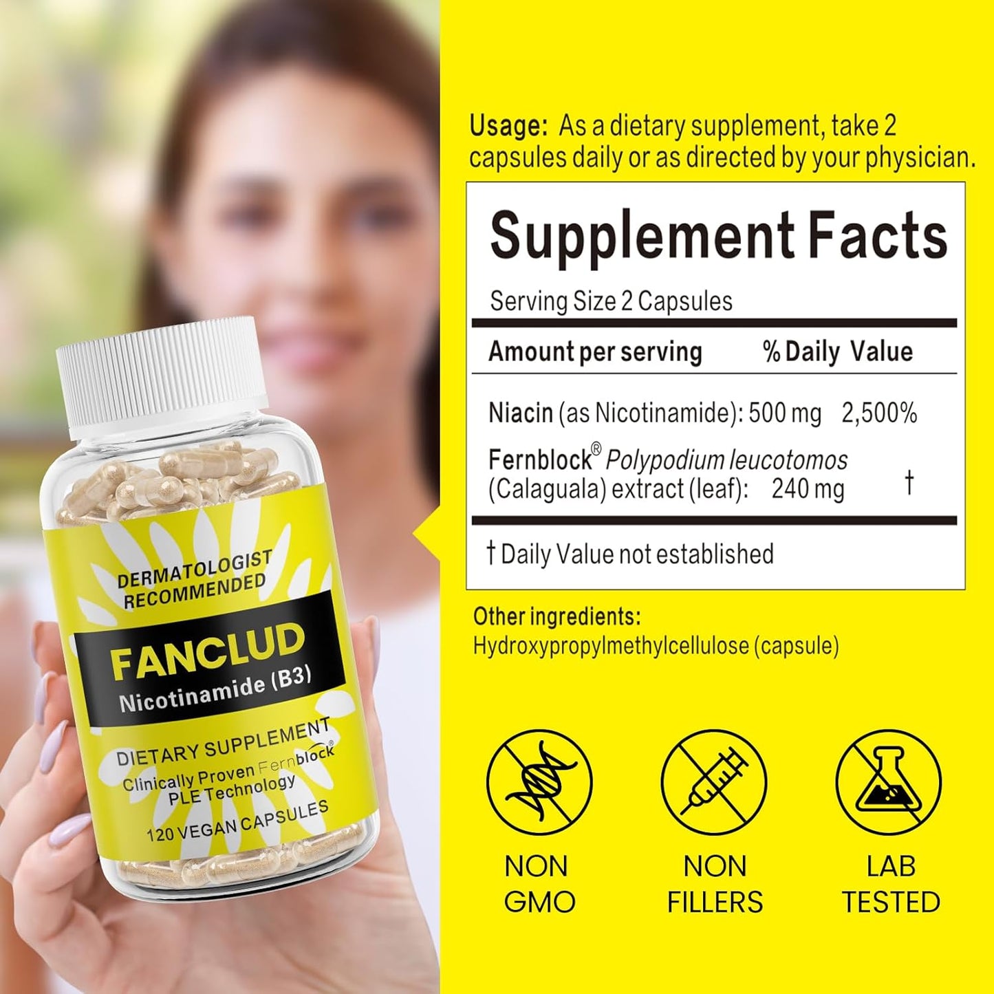 Nicotinamide B3 Supplement 500 mg - 120 Capsules for Overall Health and Wellness