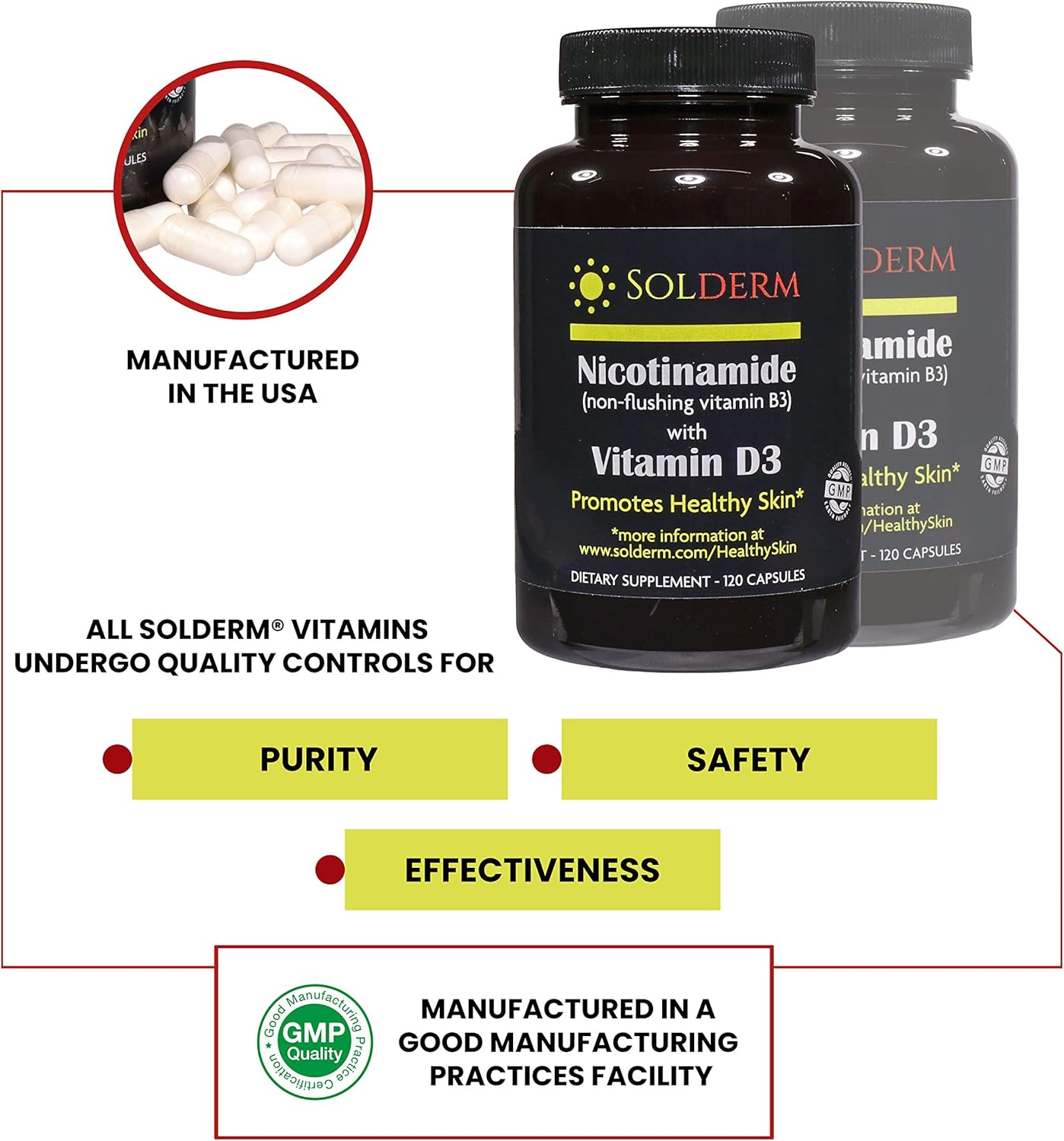 Nicotinamide D3 Supplement for Healthy Skin - Non-Flushing Vitamin B3, Vegetarian, Gluten-Free - 60 Capsules, 500mg