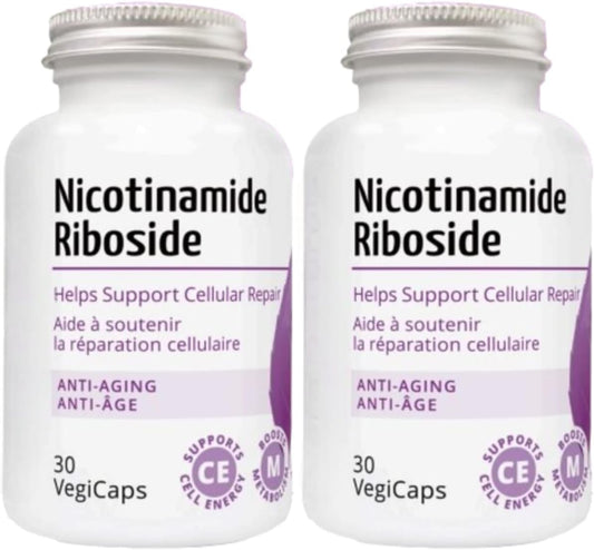 Nicotinamide Riboside & CoQ10 Capsules - 300mg NR, 400mg Coenzyme Q10, 30 VegiCaps, Pack of 2 - 60 Capsules Total