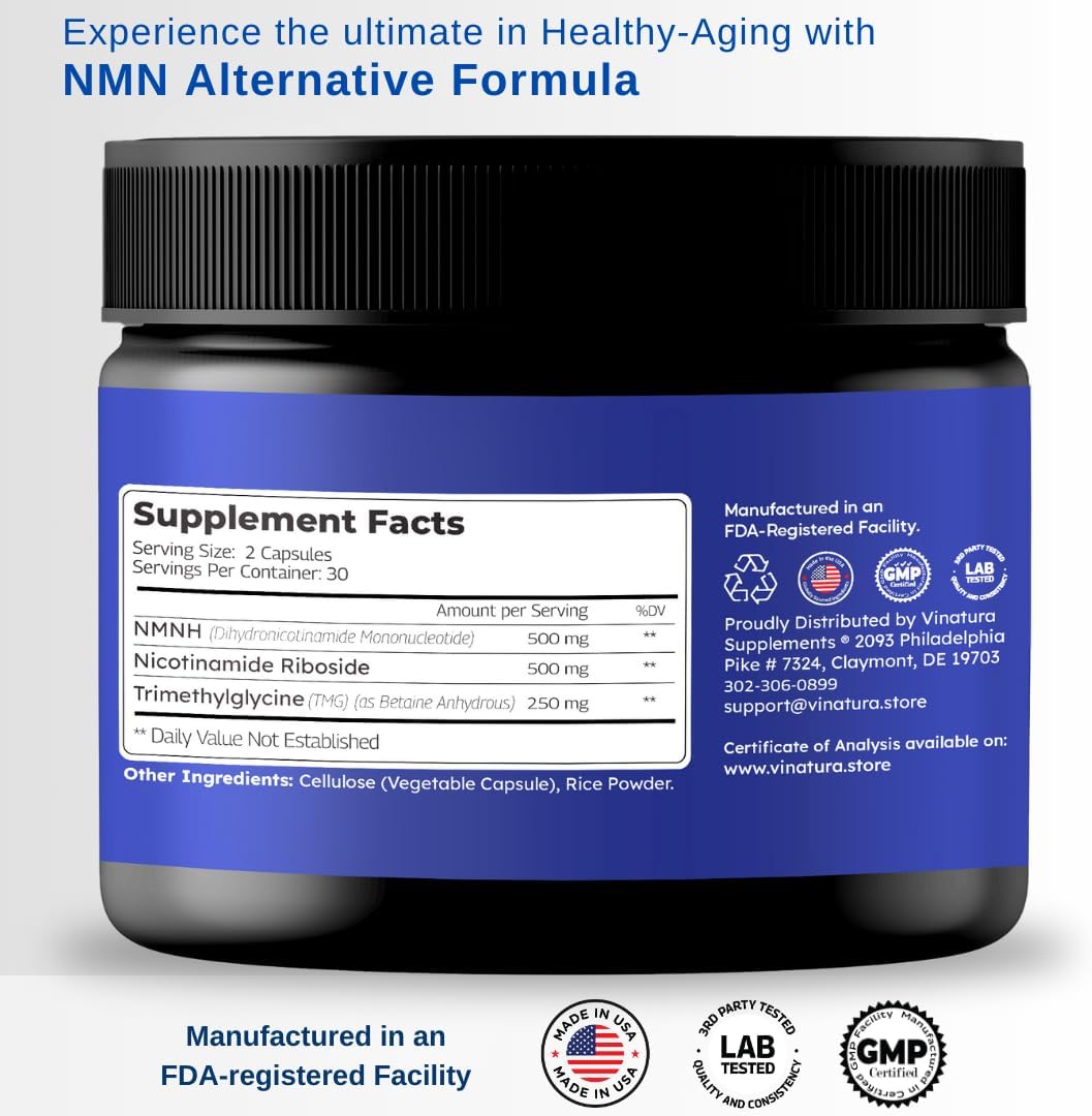 Nicotinamide Riboside & TMG NAD Supplement for Anti-Aging - 60 Capsules - VINATURA NMNH Alternative