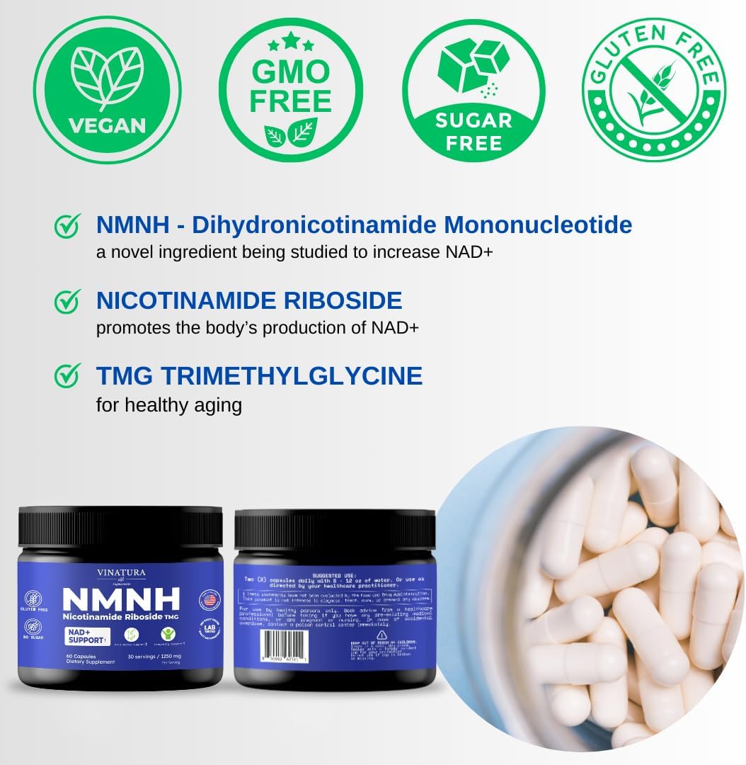 Nicotinamide Riboside & TMG NAD Supplement for Anti-Aging - 60 Capsules - VINATURA NMNH Alternative