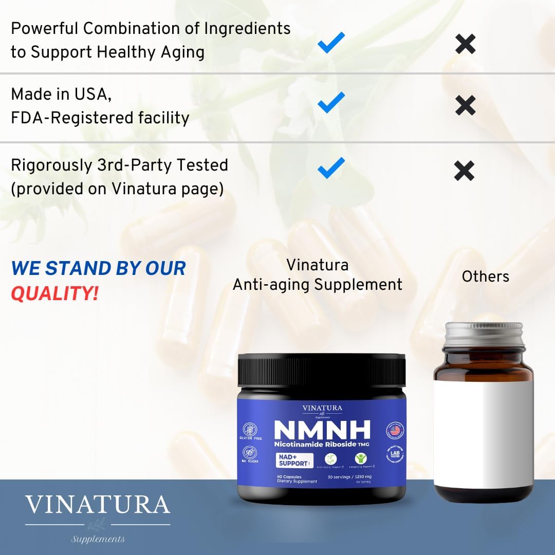 Nicotinamide Riboside & TMG NAD Supplement for Anti-Aging - 60 Capsules - VINATURA NMNH Alternative