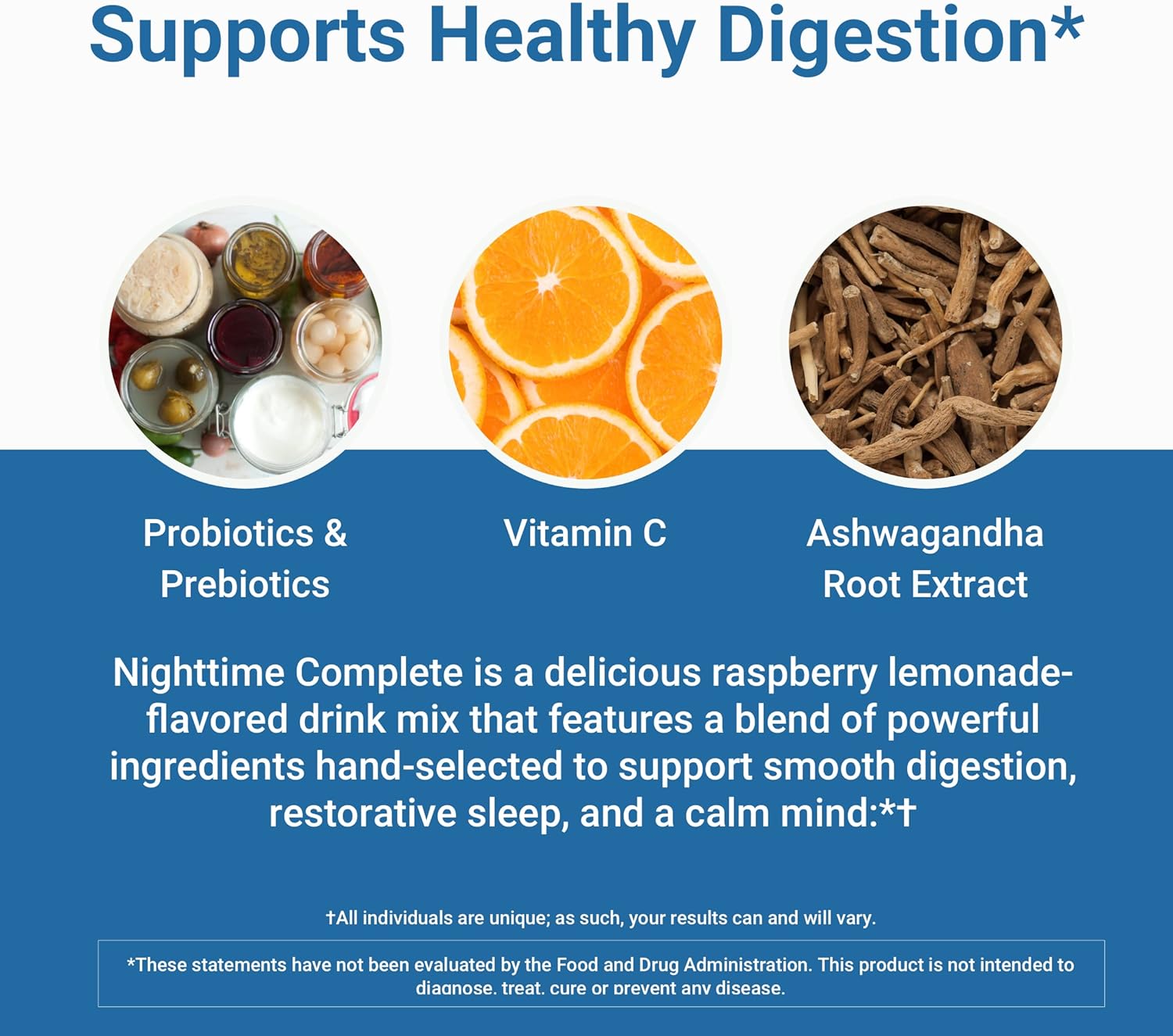 Nighttime Complete Wellness Drink for Digestion, Gut Health, and Sleep Support - Prebiotics, Probiotics, Ashwagandha - Raspberry Lemonade Flavor - 30 Servings