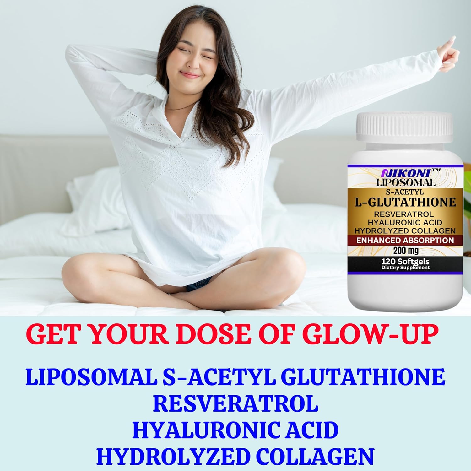 Nikoni Liposomal S-Acetyl L-Glutathione Resveratrol Softgels with Hyaluronic Acid and Collagen - 120 Capsules