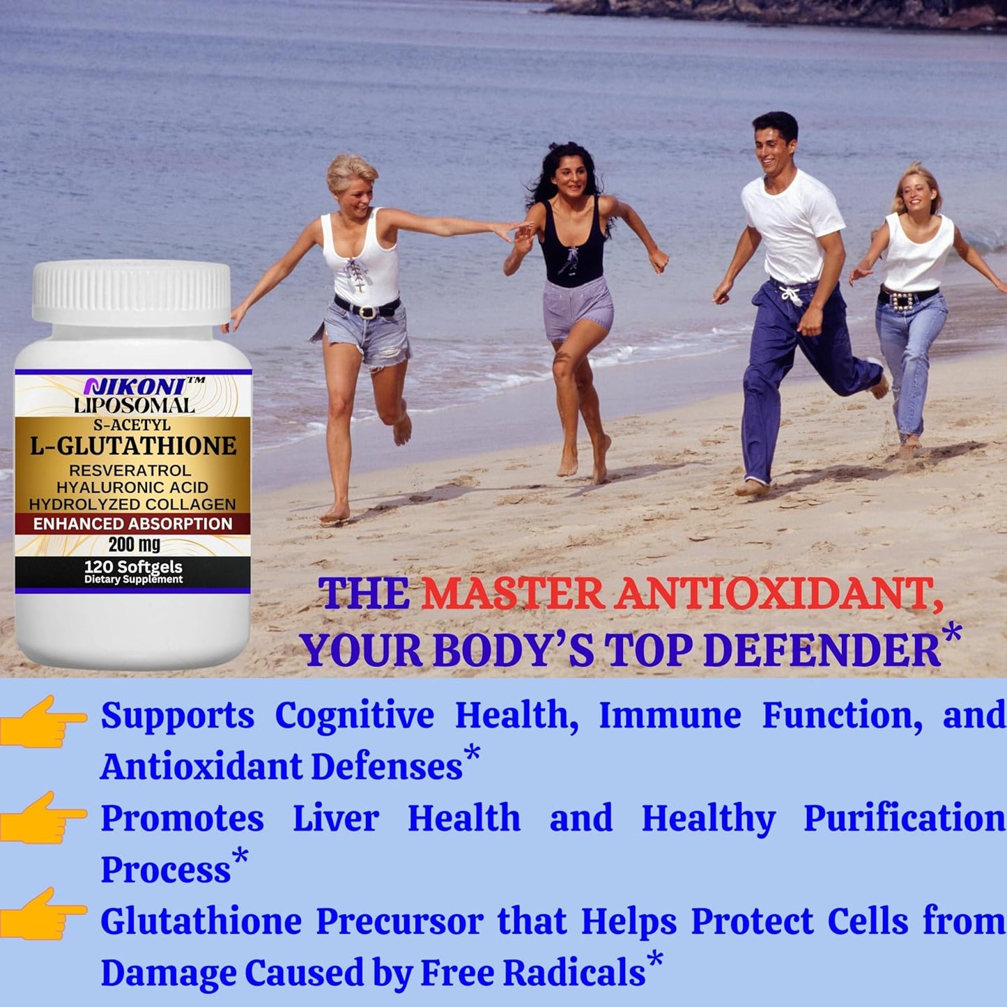 Nikoni Liposomal S-Acetyl L-Glutathione Resveratrol Softgels with Hyaluronic Acid and Collagen - 120 Capsules