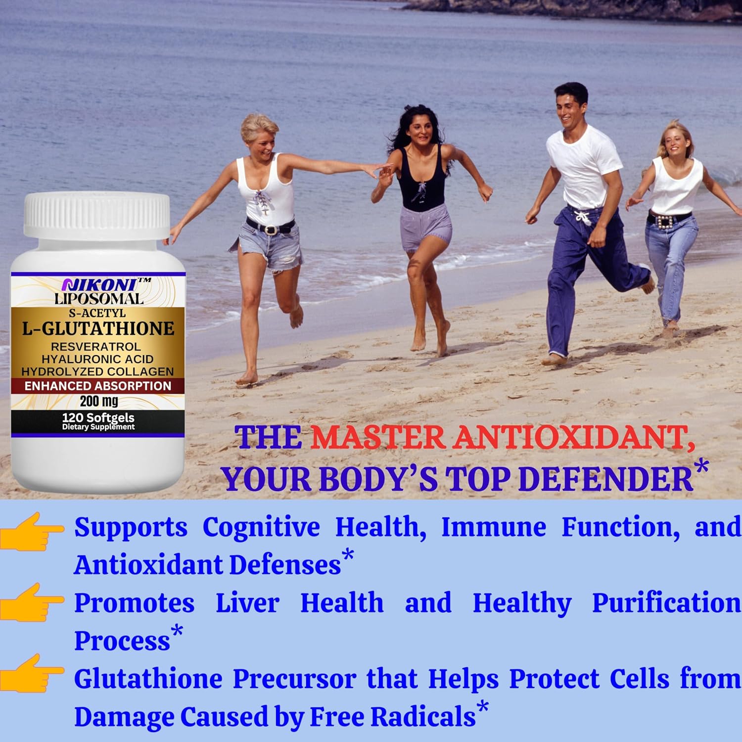 Nikoni Liposomal S-Acetyl L-Glutathione Resveratrol Softgels with Hyaluronic Acid and Collagen - 120 Capsules