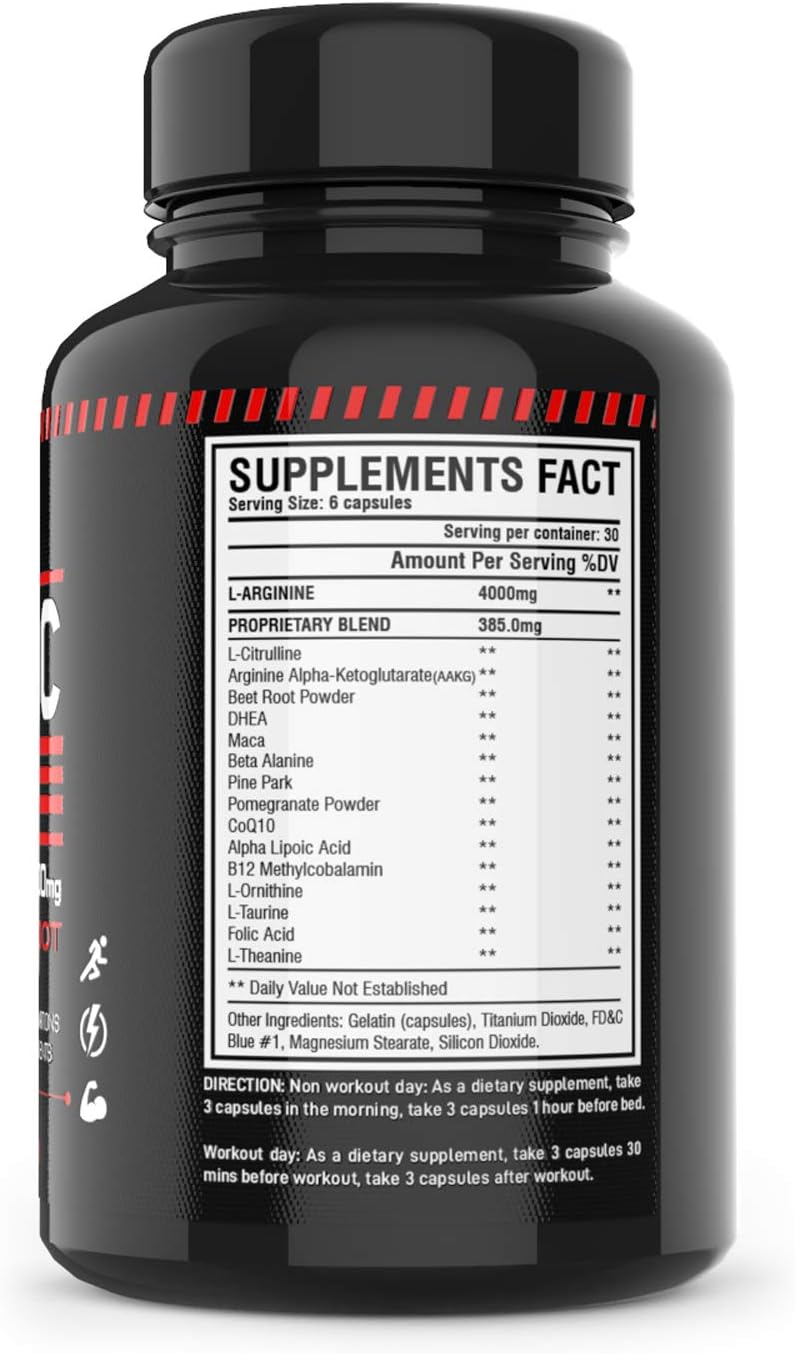 Nitric Oxide Booster Supplement with L-Arginine, L-Citrulline, AAKG, Beet Root - Pre Workout Muscle Growth Pills - 180 Capsules