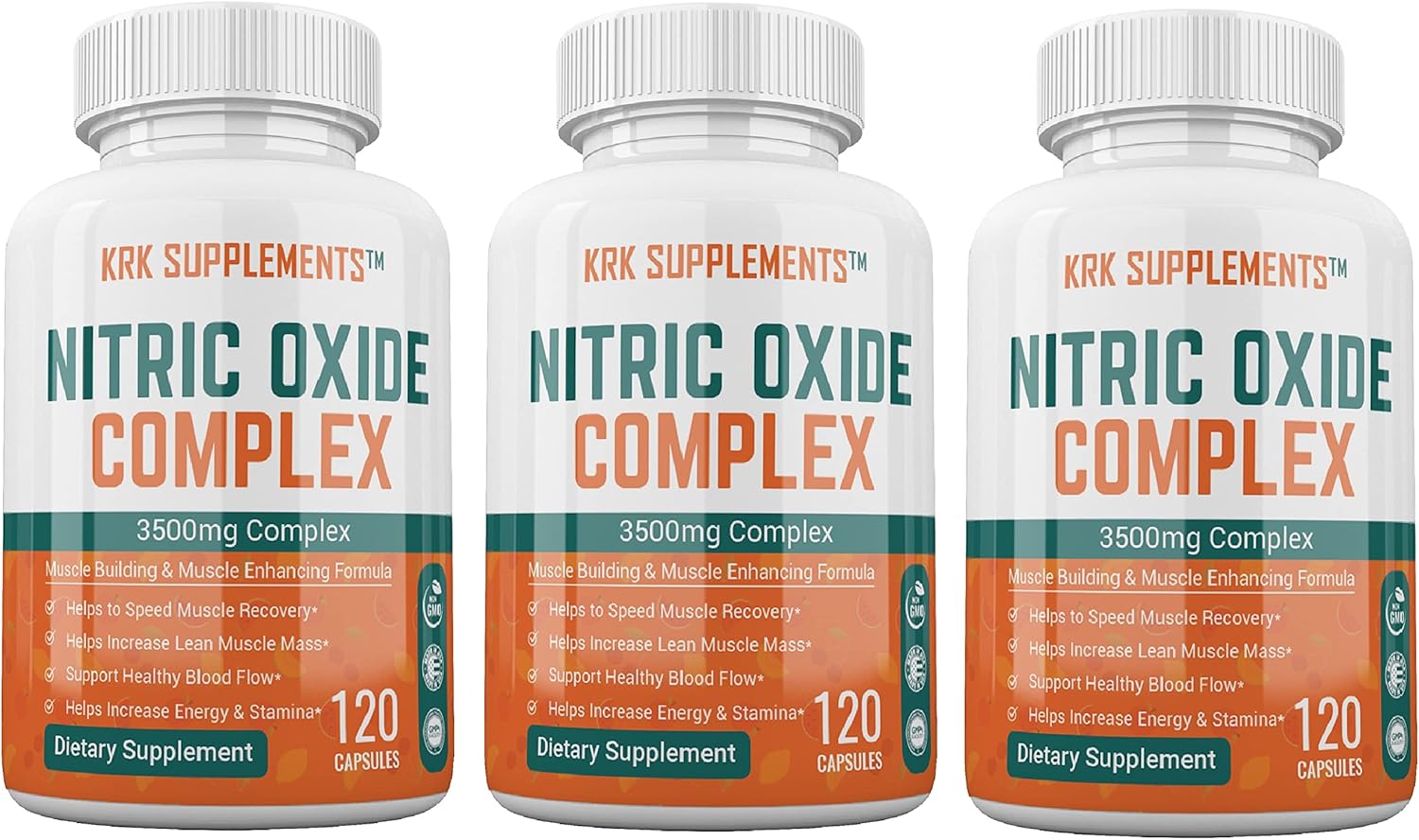 Nitric Oxide Complex: 3 Bottles, 3500mg Per Serving, L-Arginine, AAKG, Citrulline Malate - 360 Capsules