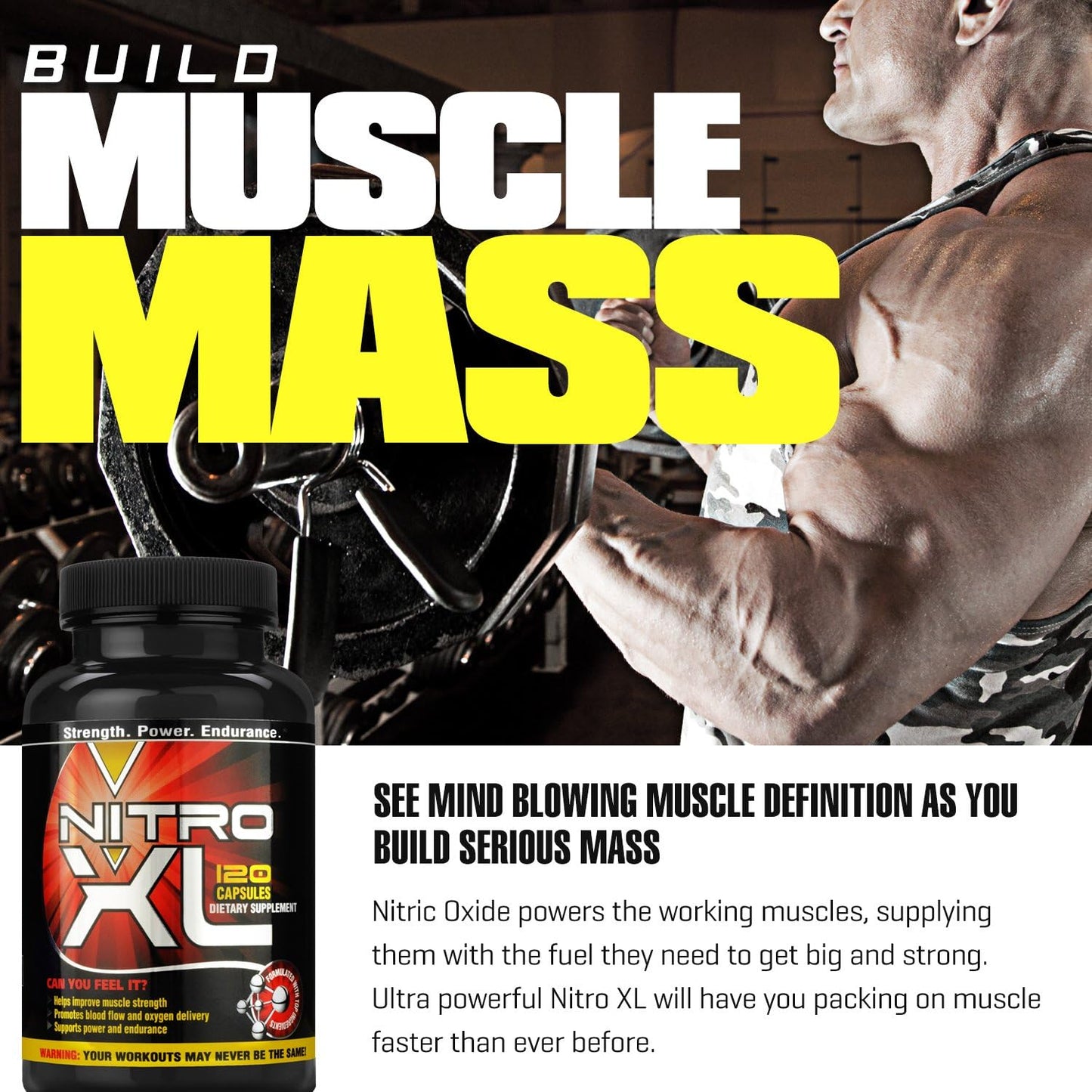 Nitro XL Nitric Oxide Bodybuilding Supplement with L-Arginine for Muscle Mass, Performance, and Stamina - 120 caps