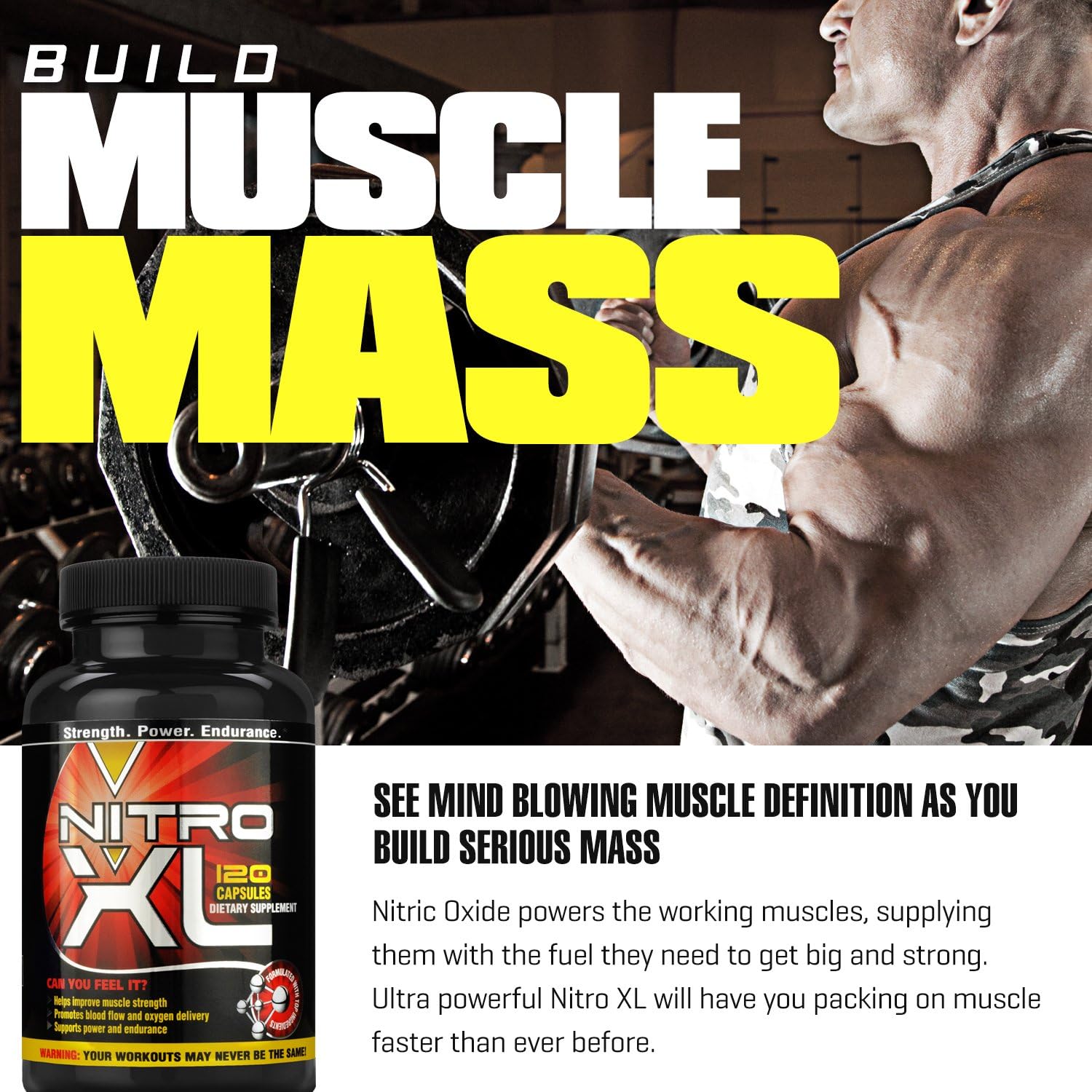 Nitro XL Nitric Oxide Bodybuilding Supplement with L-Arginine for Muscle Mass, Performance, and Stamina - 120 caps