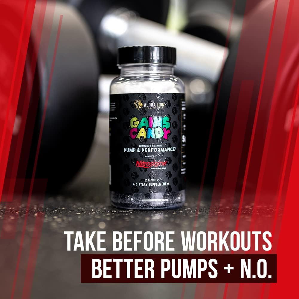 Nitrosigine Alpha Lion Gains Candy: Muscle Pump & Blood Flow Supplement Booster, 63 Capsules
